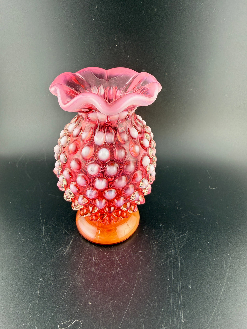 Vintage Fenton Cranberry Hobnail Glass Vase with Ruffled Rim
