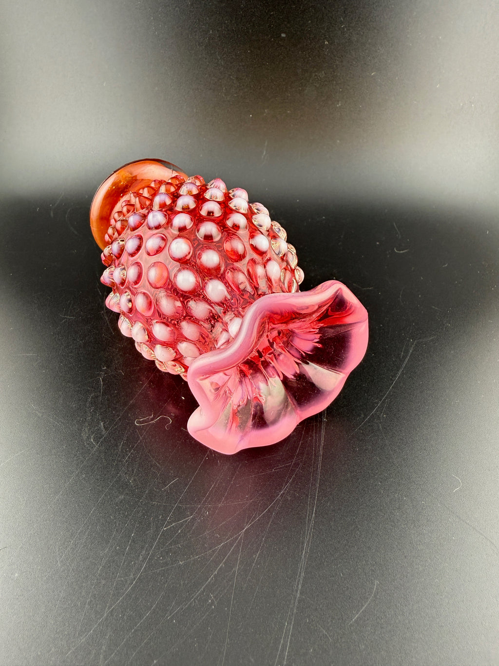 Vintage Fenton Cranberry Hobnail Glass Vase with Ruffled Rim