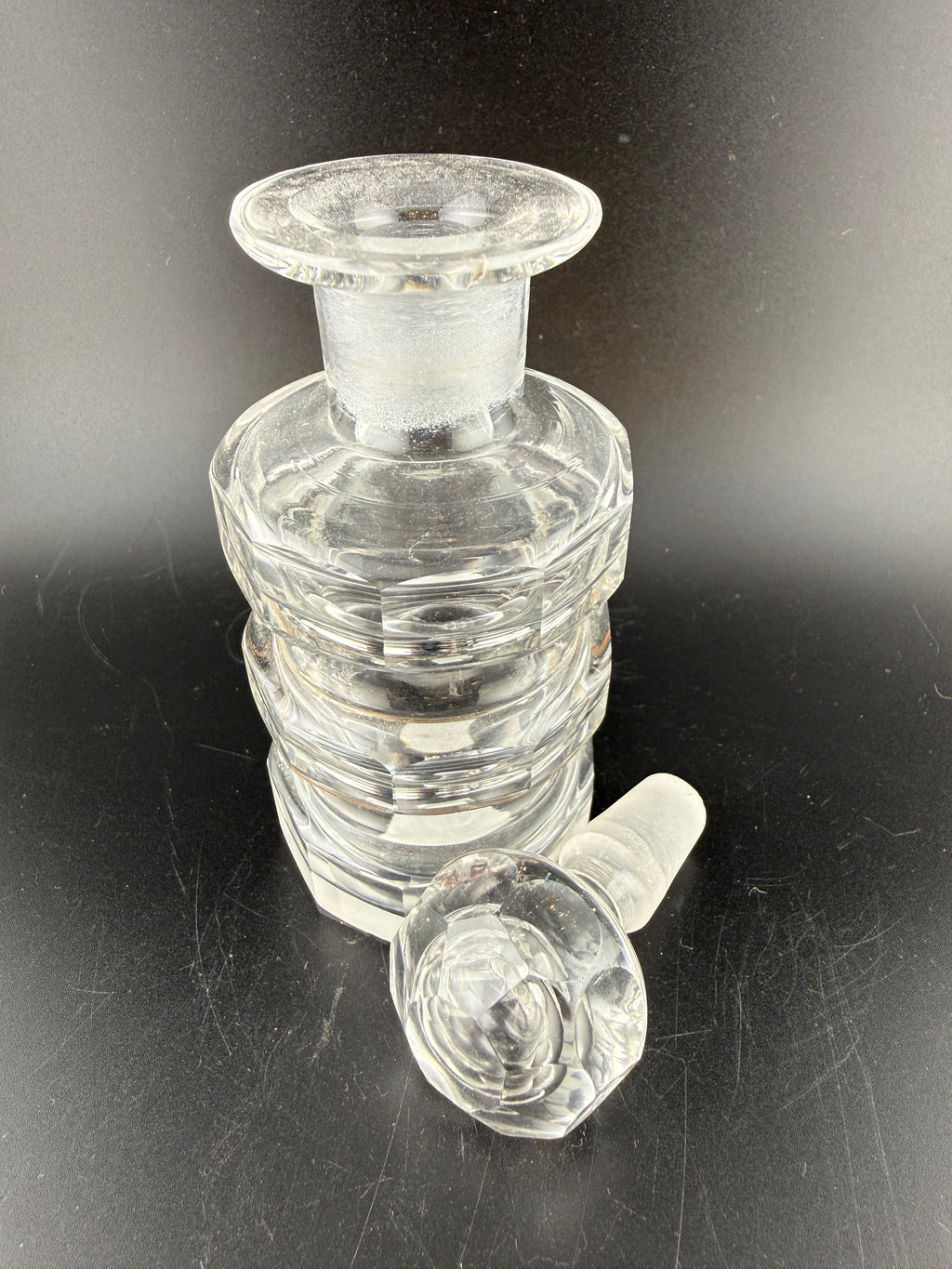 Vintage Art Deco Heavy Cut Crystal Perfume Bottle with Stacked Ring Body and Faceted Ball Stopper
