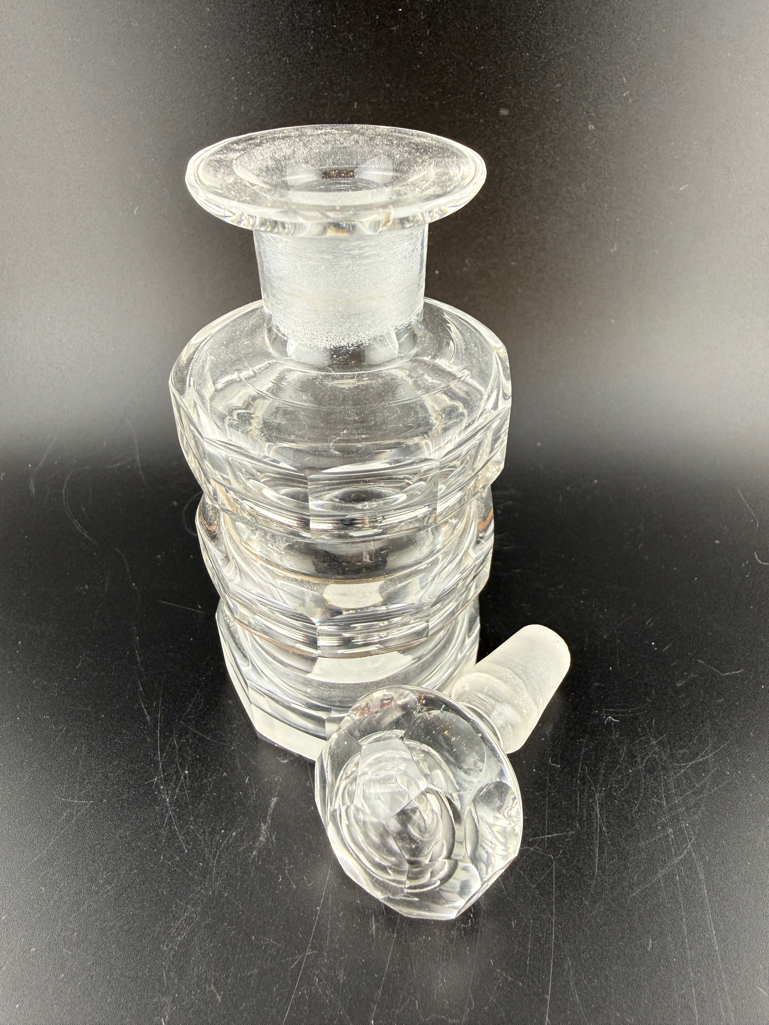 Vintage Art Deco Heavy Cut Crystal Perfume Bottle with Stacked Ring Body and Faceted Ball Stopper