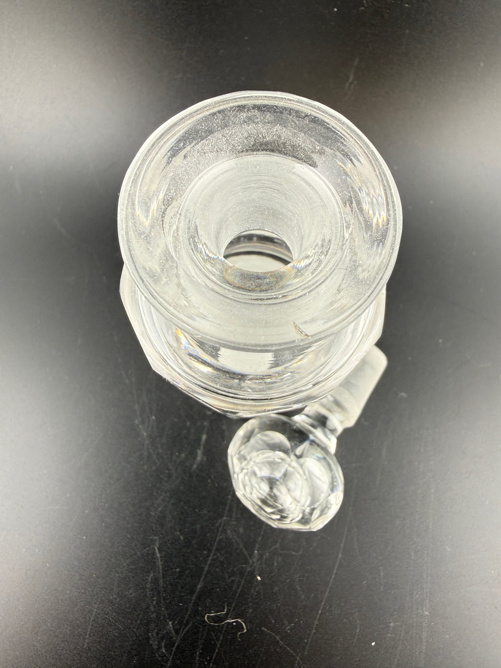 Vintage Art Deco Heavy Cut Crystal Perfume Bottle with Stacked Ring Body and Faceted Ball Stopper