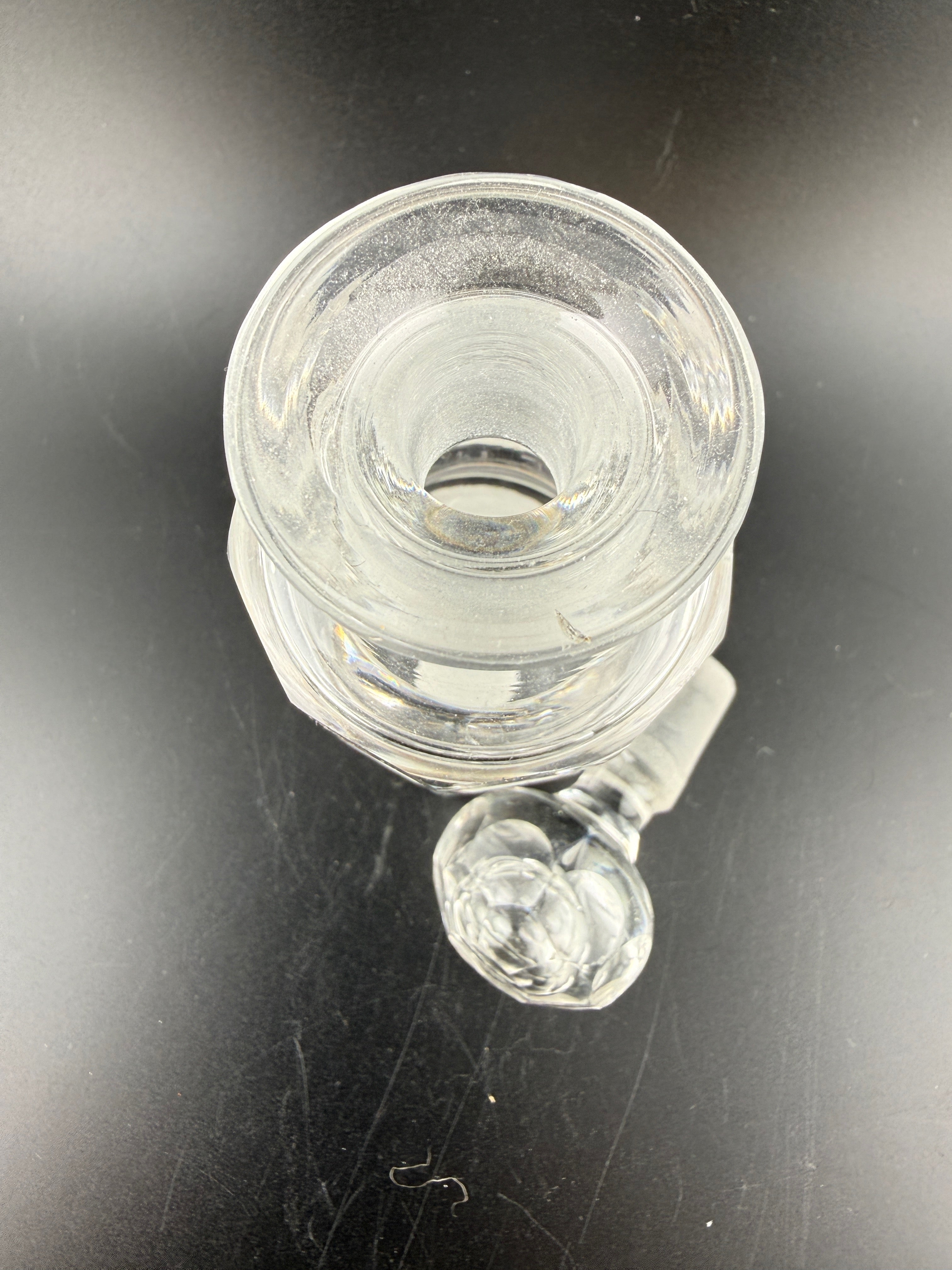 Vintage Art Deco Heavy Cut Crystal Perfume Bottle with Stacked Ring Body and Faceted Ball Stopper