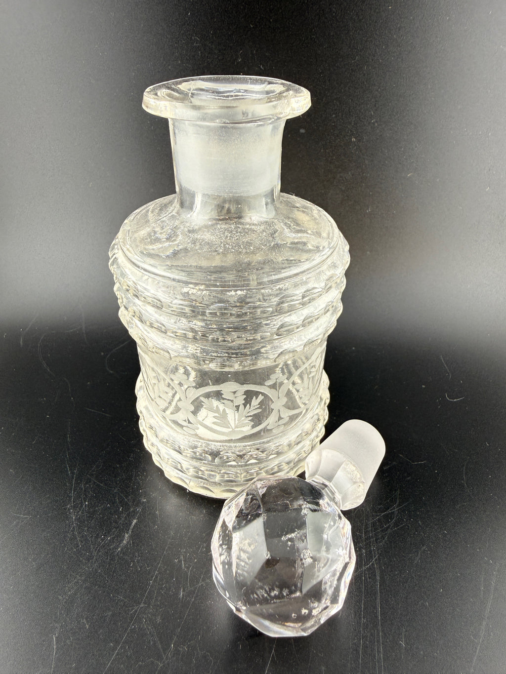 Antique Victorian Pressed Glass Perfume Bottle with Diamond Lattice Pattern and Faceted Ball Stopper