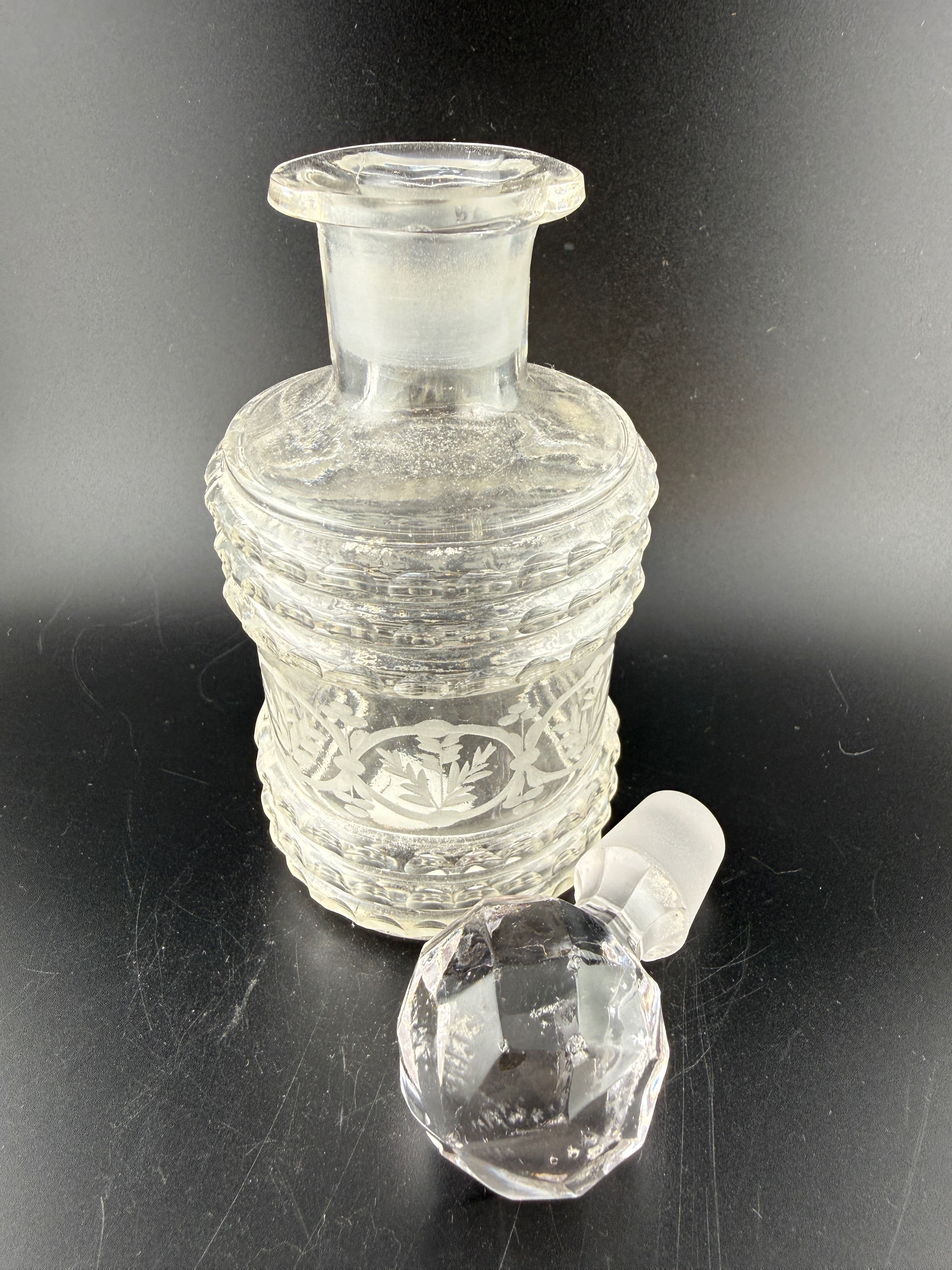 Antique Victorian Pressed Glass Perfume Bottle with Diamond Lattice Pattern and Faceted Ball Stopper