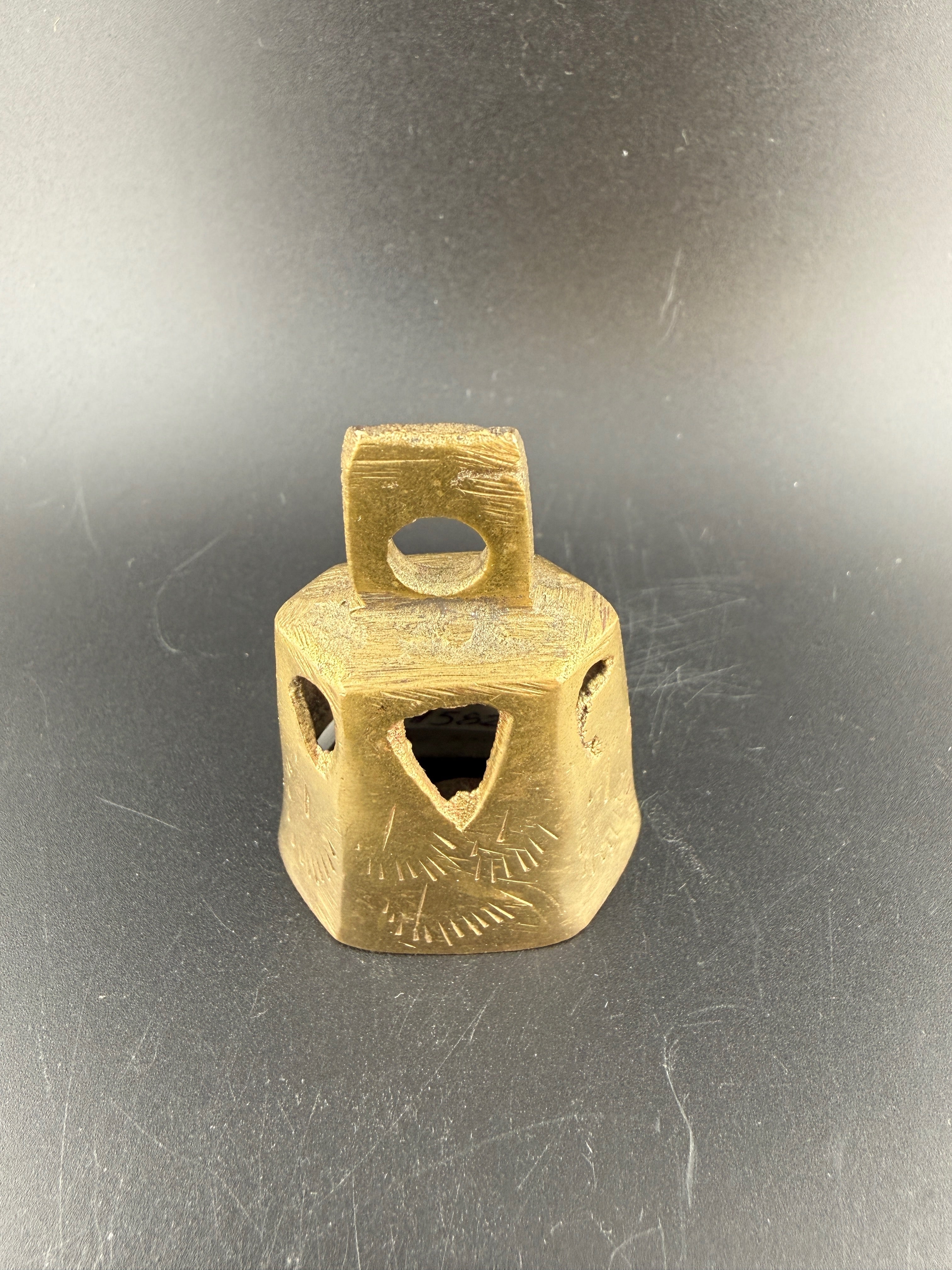 Vintage Engraved Brass Cow Bell with Heart Cutouts — 2.75" x 1.5"