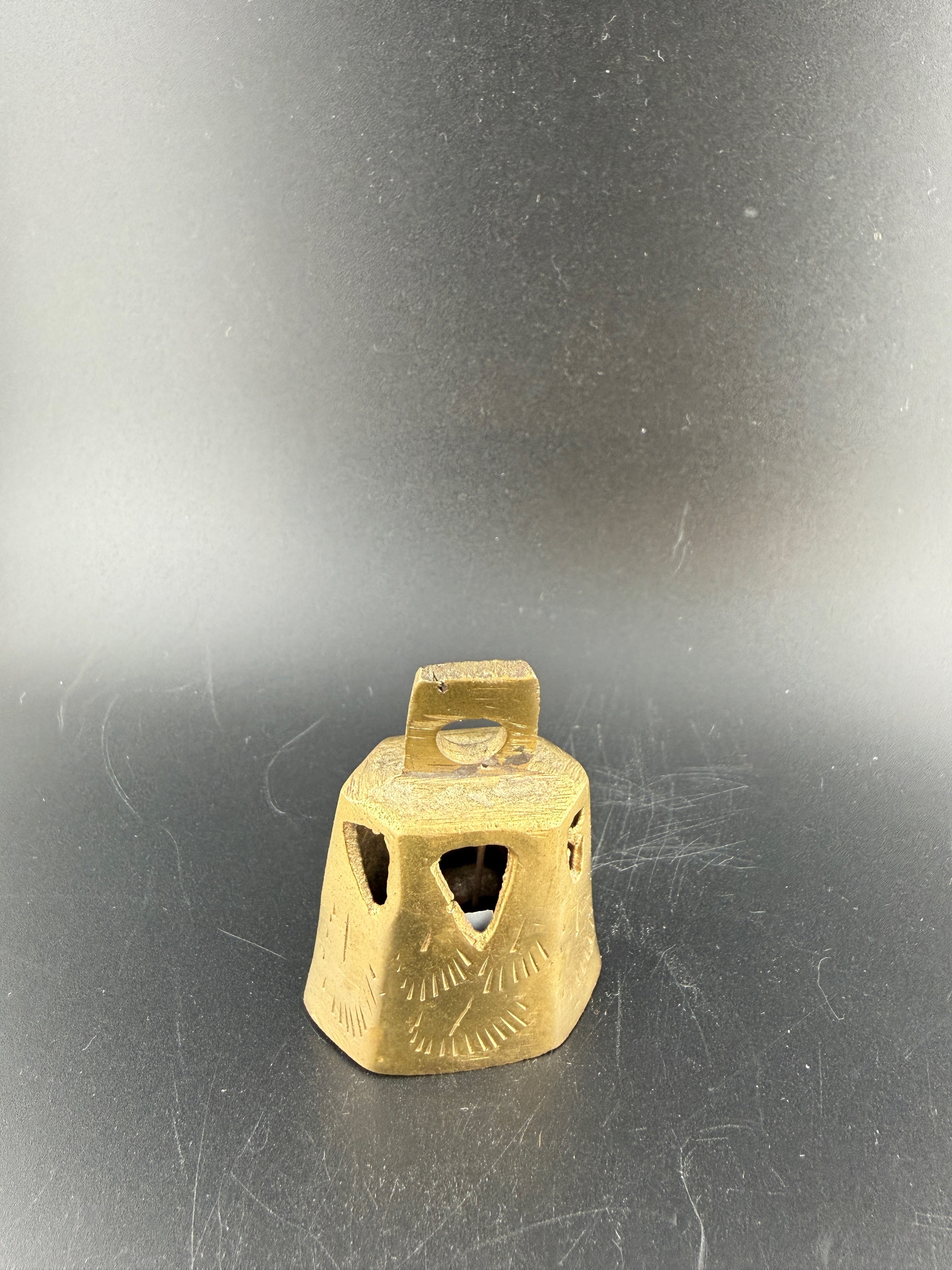 Vintage Engraved Brass Cow Bell with Heart Cutouts — 2.75" x 1.5"