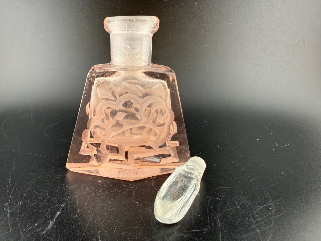 Vintage Pink Depression Glass Perfume Bottle with Pyramidal Body, Scale Pattern and Faceted Bullet Stopper