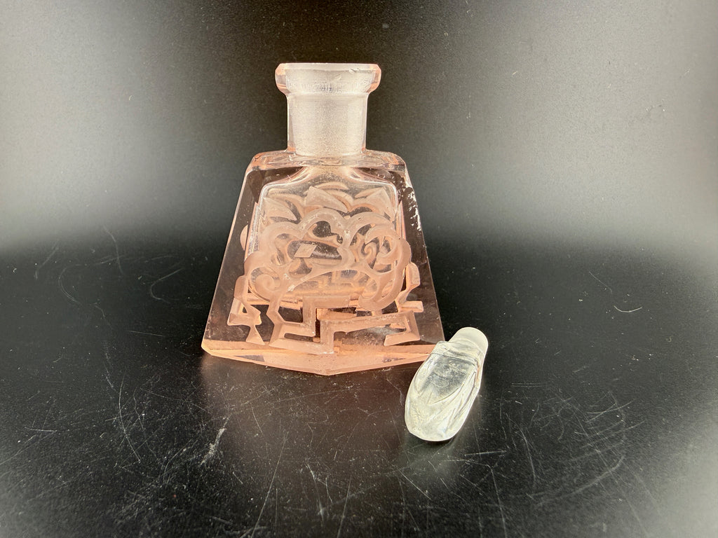 Vintage Pink Depression Glass Perfume Bottle with Pyramidal Body, Scale Pattern and Faceted Bullet Stopper