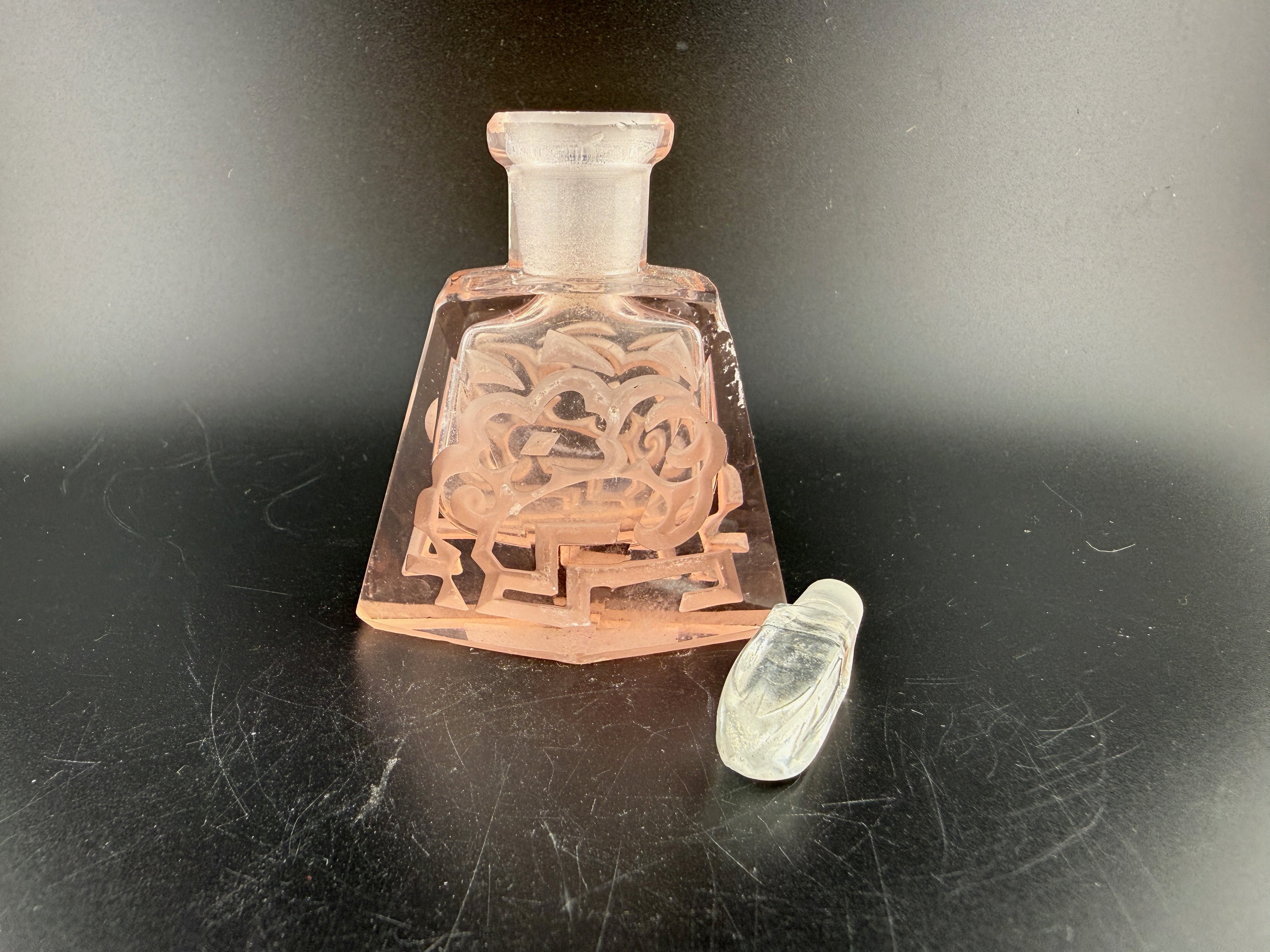 Vintage Pink Depression Glass Perfume Bottle with Pyramidal Body, Scale Pattern and Faceted Bullet Stopper
