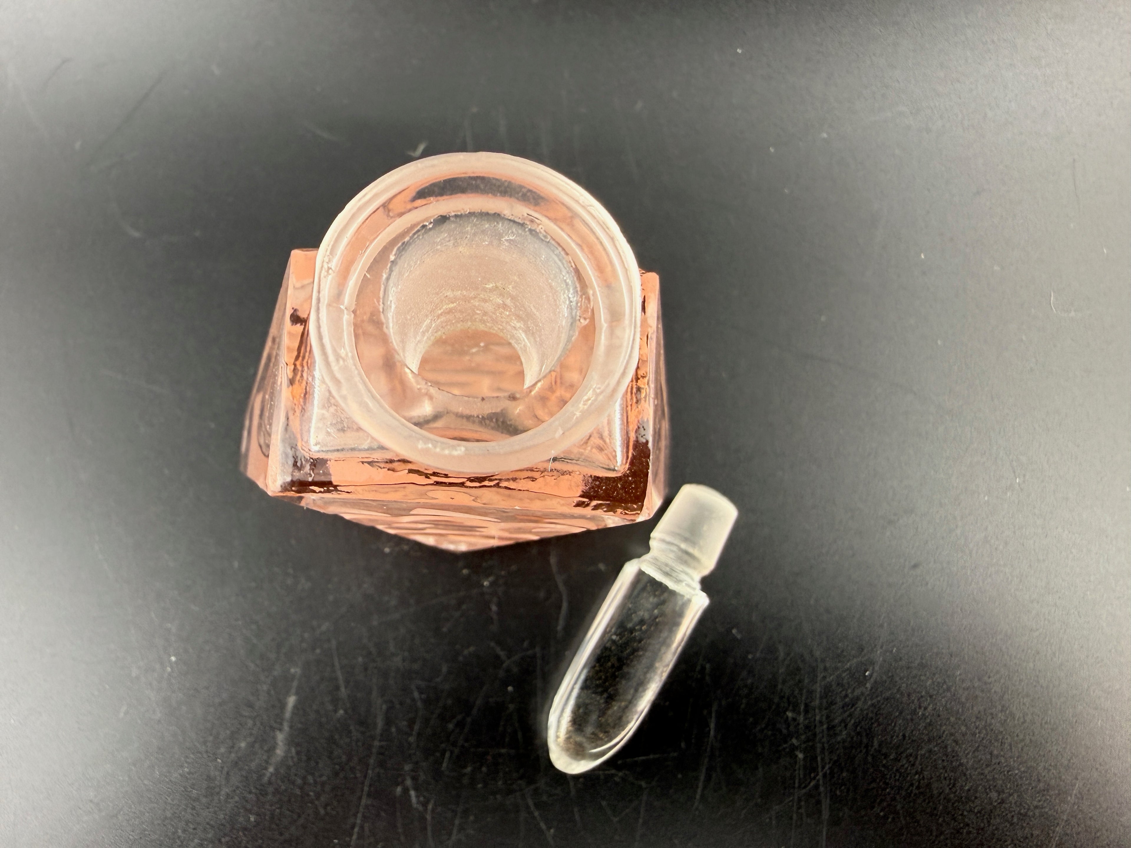 Vintage Pink Depression Glass Perfume Bottle with Pyramidal Body, Scale Pattern and Faceted Bullet Stopper