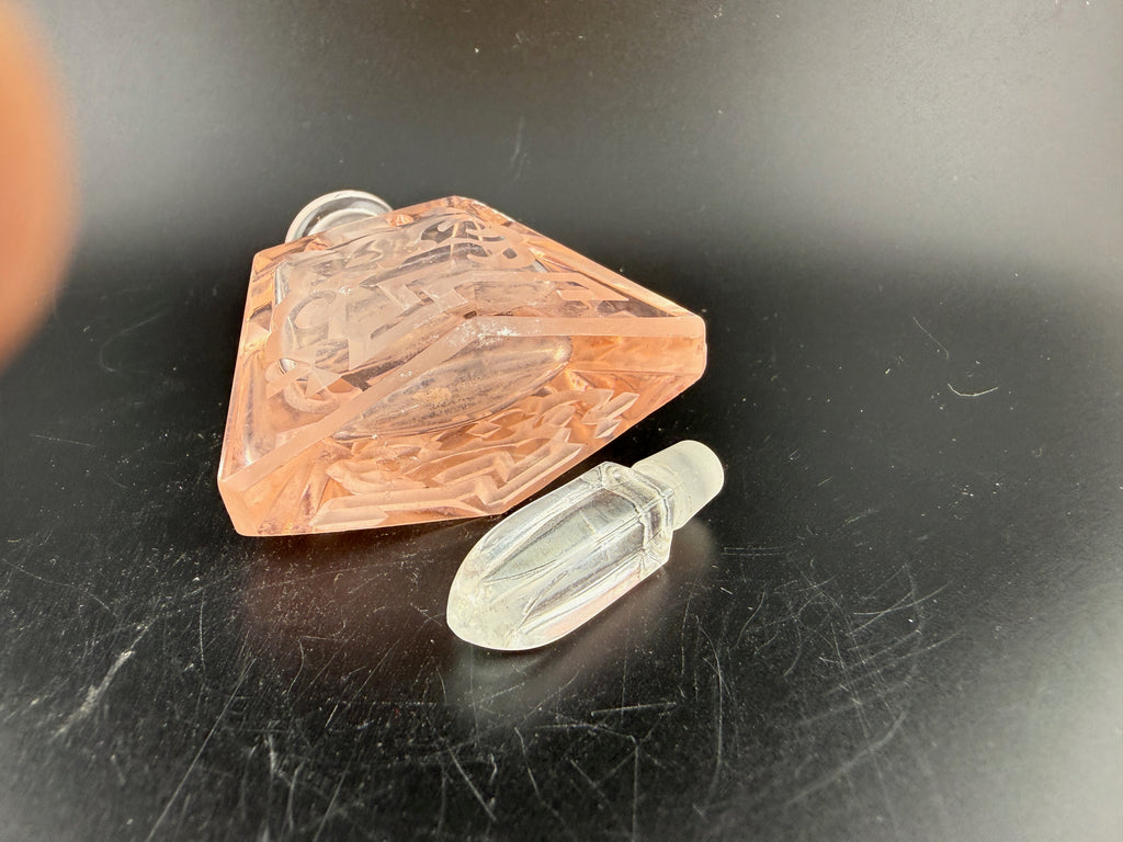 Vintage Pink Depression Glass Perfume Bottle with Pyramidal Body, Scale Pattern and Faceted Bullet Stopper