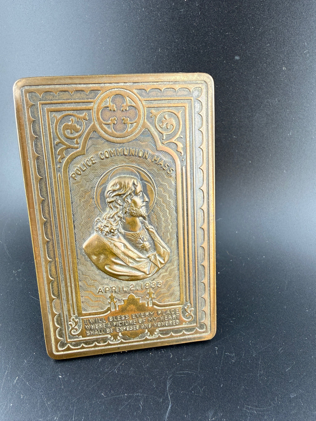 Antique 1933 Police Communion Mass Copper Devotional Plaque – Sacred Heart