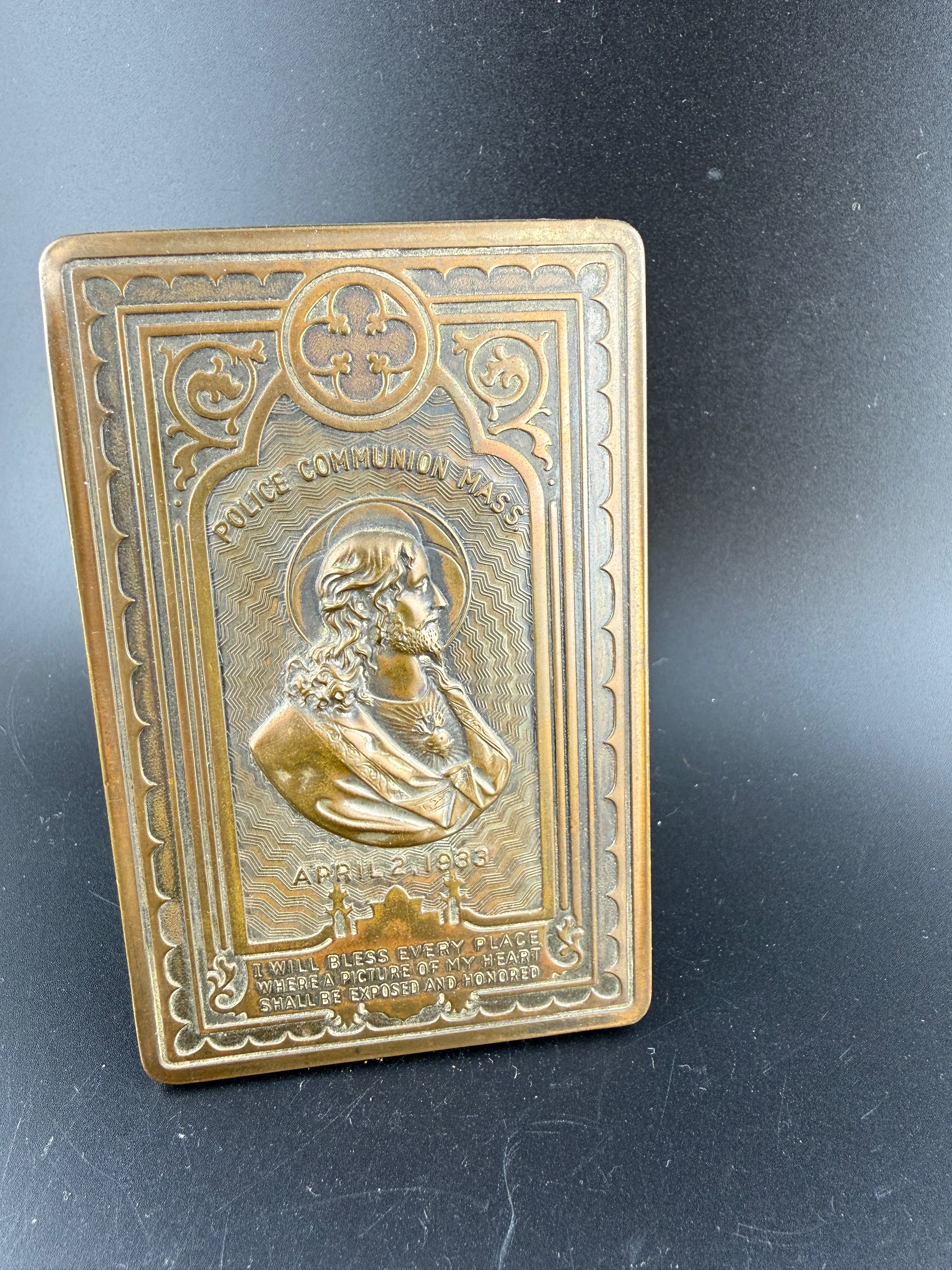 Antique 1933 Police Communion Mass Copper Devotional Plaque – Sacred Heart