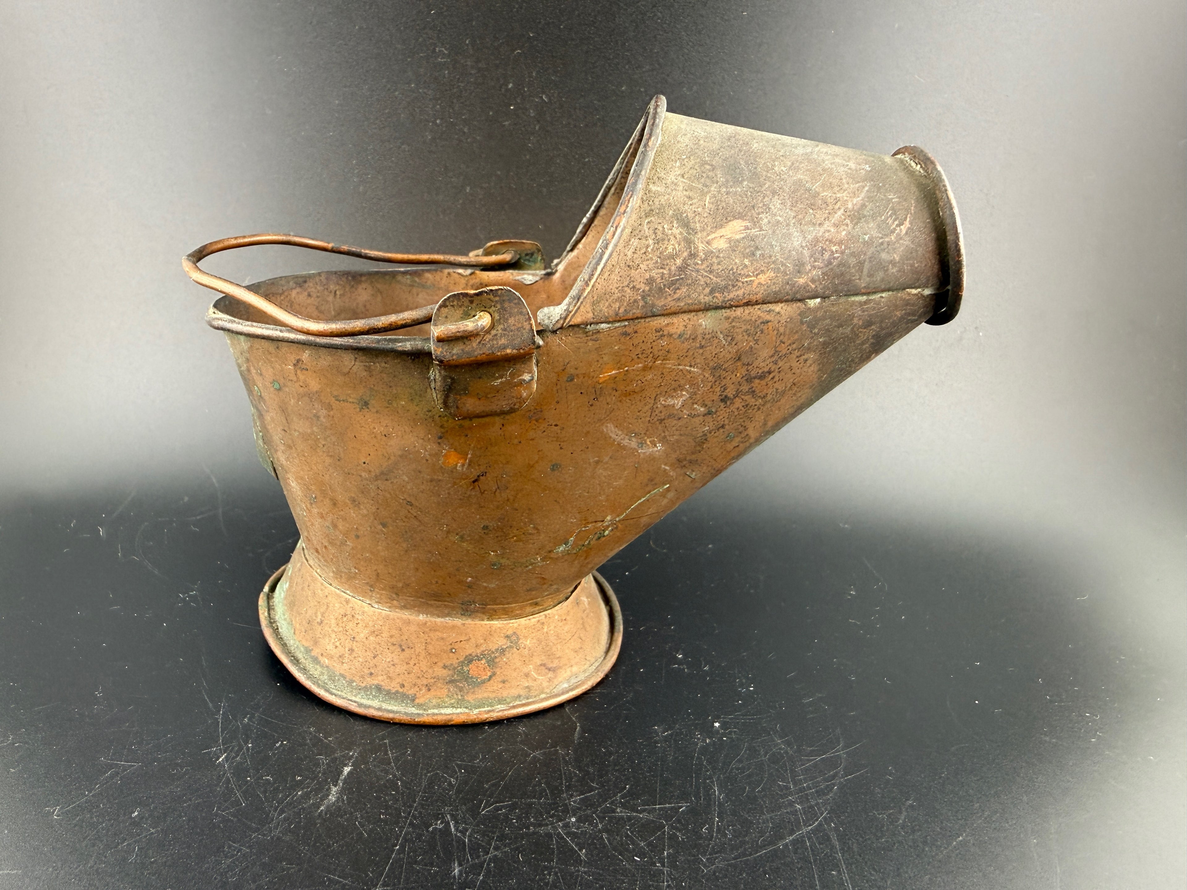 Antique Miniature Copper Coal Scuttle – Helmet Bucket with Bail Handle