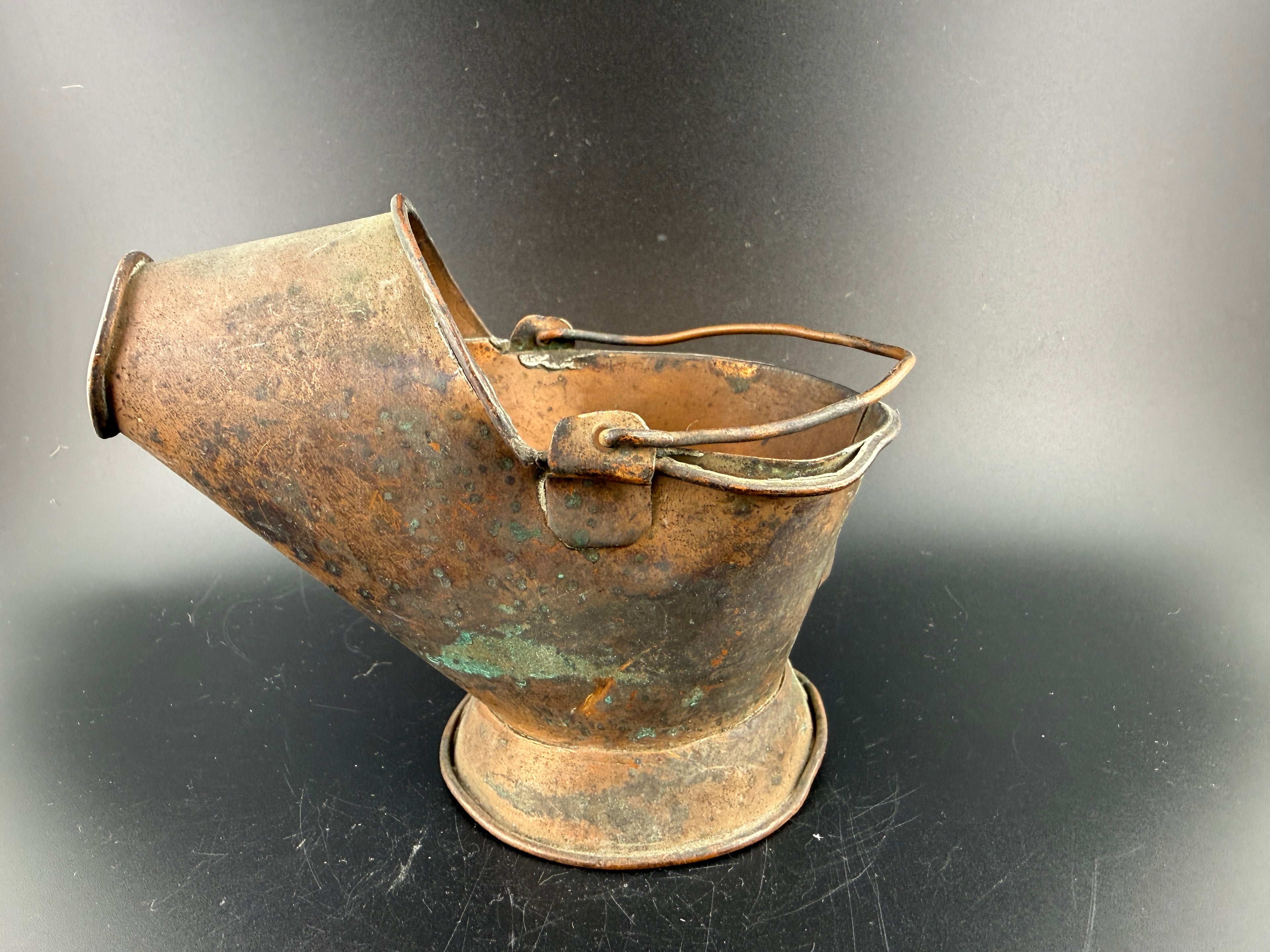 Antique Miniature Copper Coal Scuttle – Helmet Bucket with Bail Handle