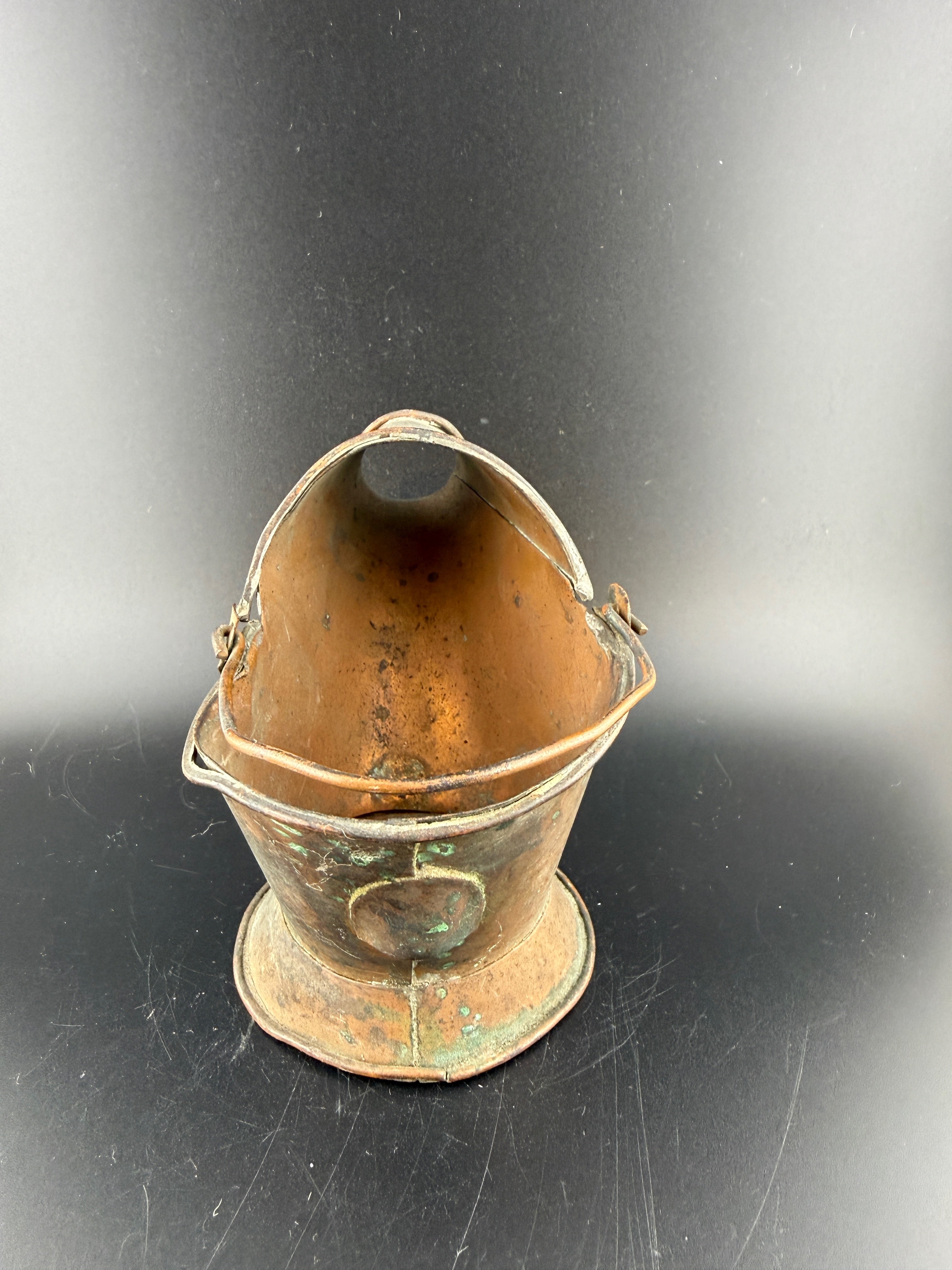 Antique Miniature Copper Coal Scuttle – Helmet Bucket with Bail Handle