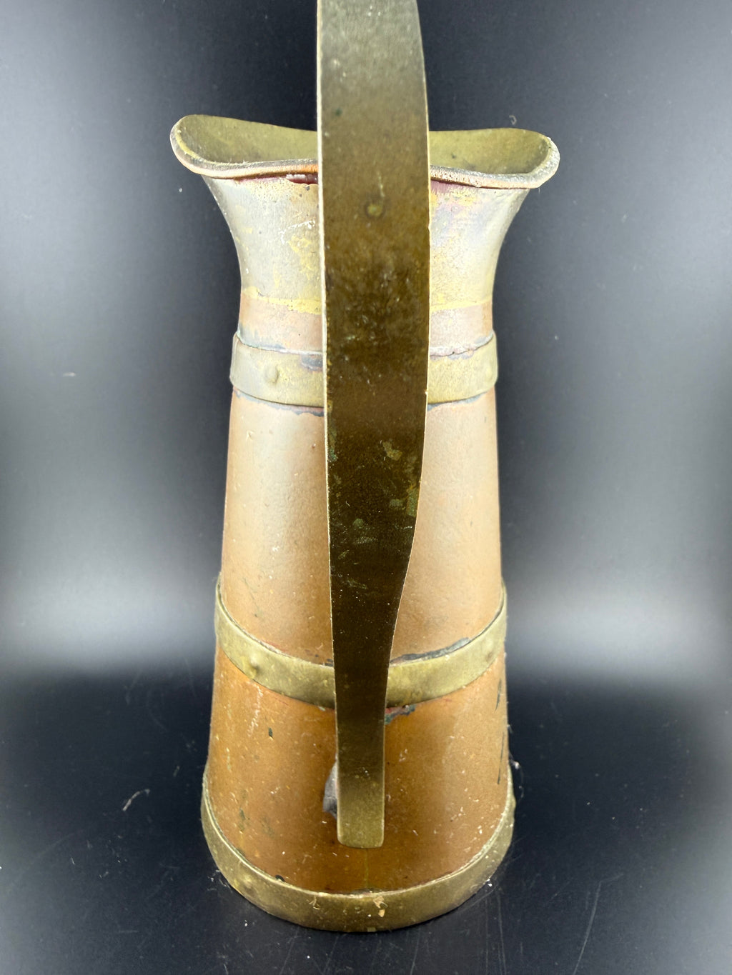 Antique Copper & Brass Banded Pitcher – Large Farmhouse Ewer with Strap Handle