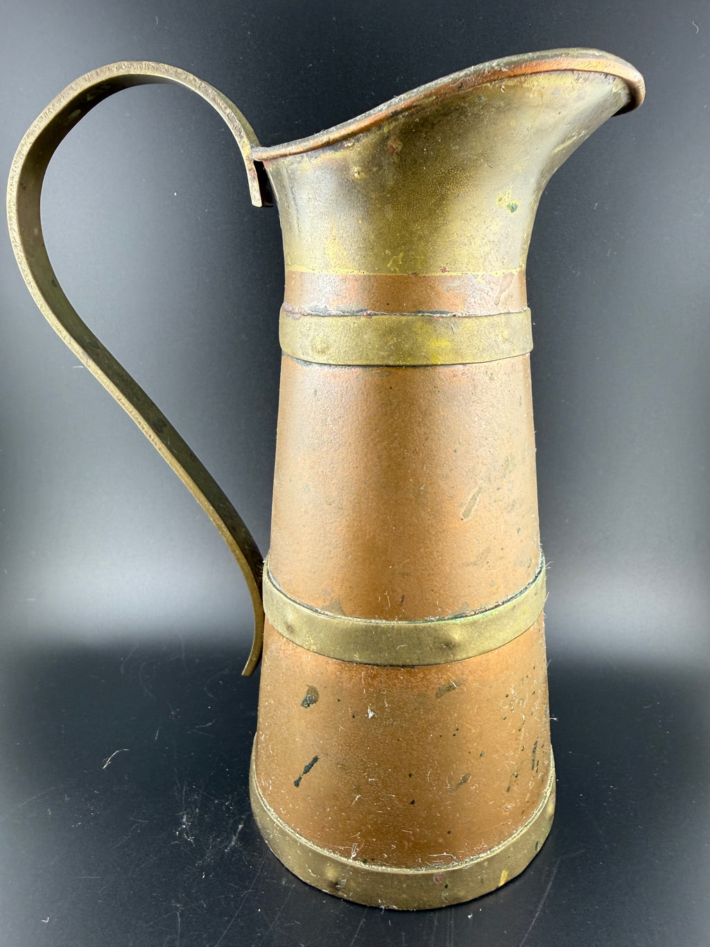 Antique Copper & Brass Banded Pitcher – Large Farmhouse Ewer with Strap Handle