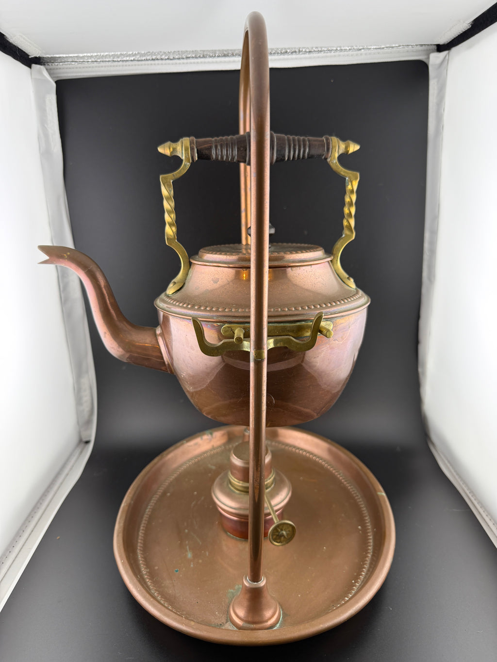 Antique Henry Loveridge Arts & Crafts Copper & Brass Tilting Kettle on Stand