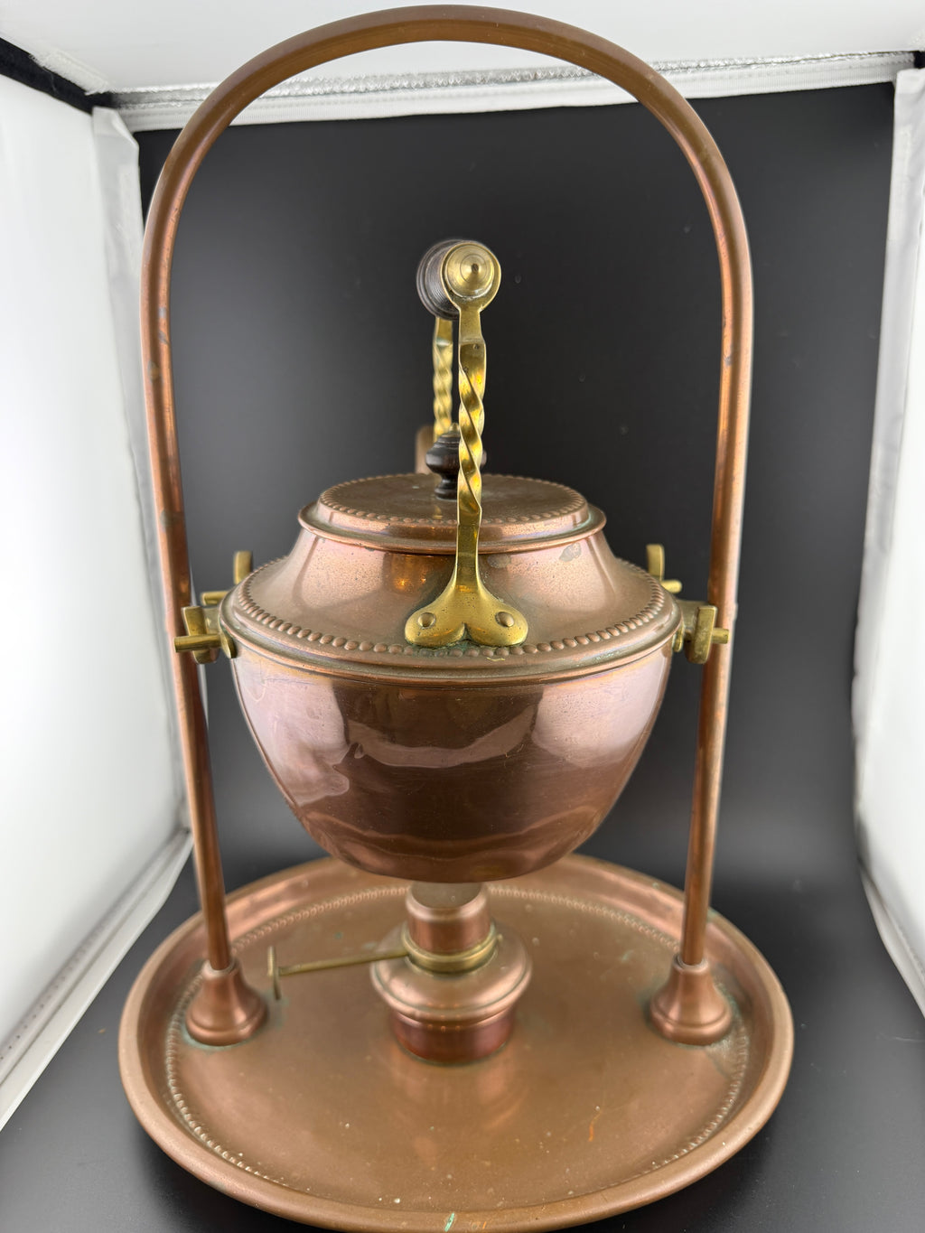 Antique Henry Loveridge Arts & Crafts Copper & Brass Tilting Kettle on Stand