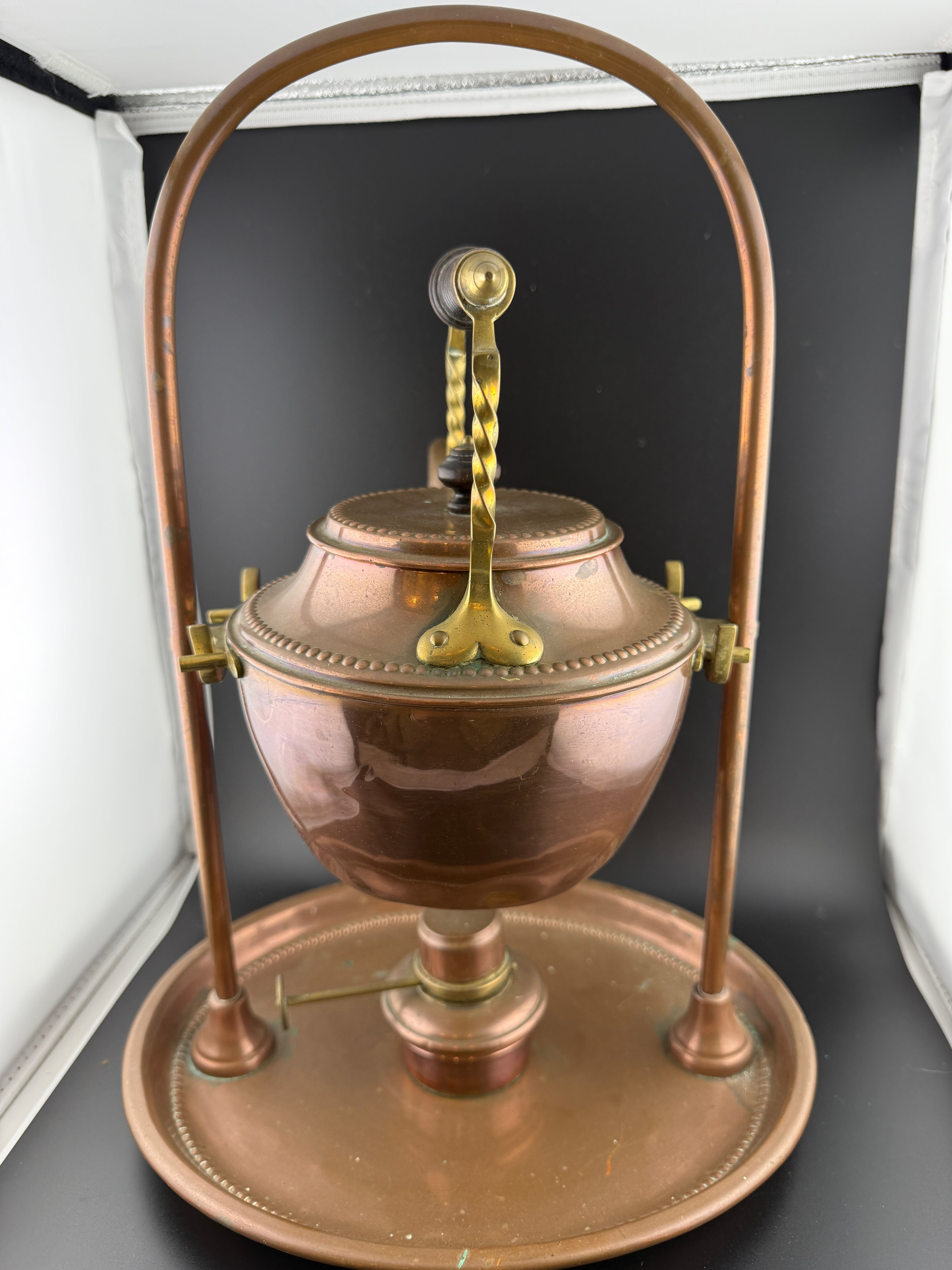 Antique Henry Loveridge Arts & Crafts Copper & Brass Tilting Kettle on Stand