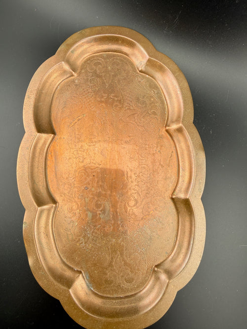 Antique Copper Engraved Scalloped Tray – Quatrefoil Edge with Arabesque Scrollwork