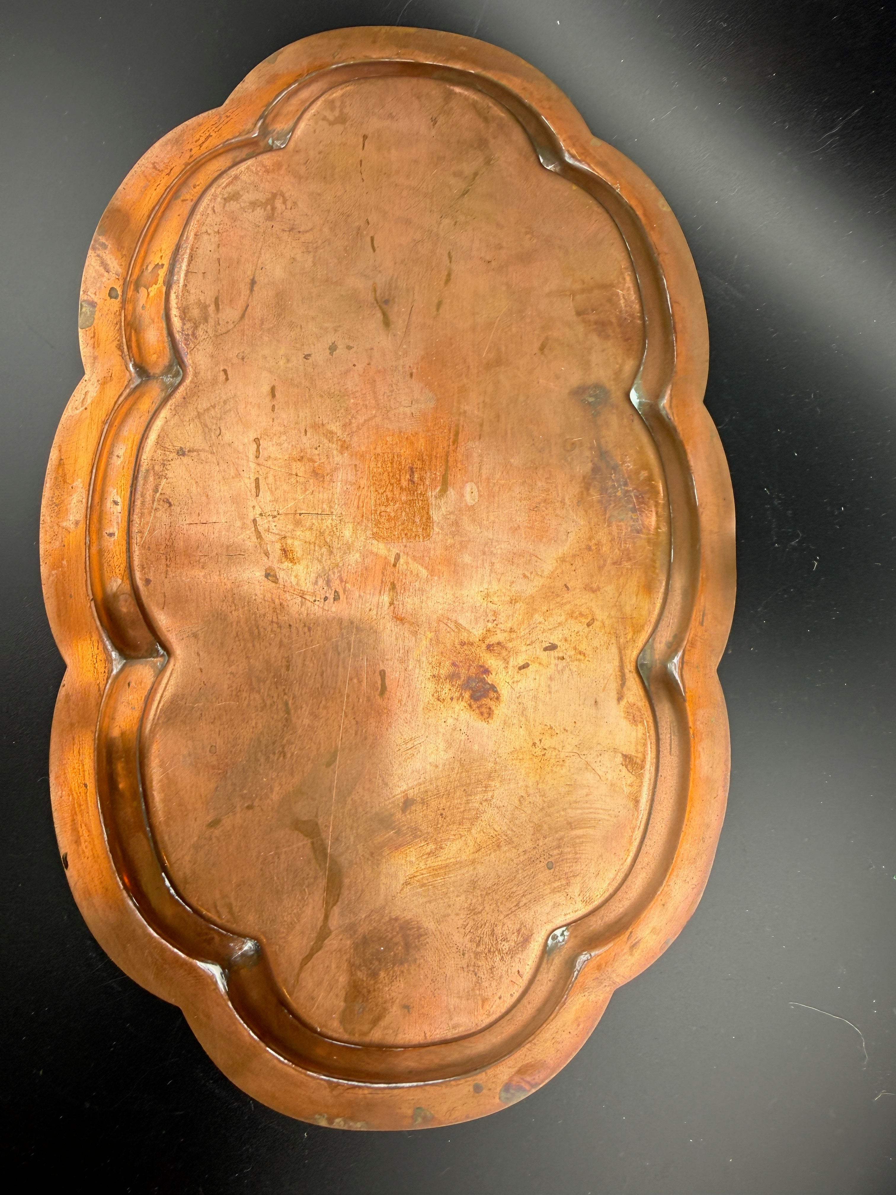 Antique Copper Engraved Scalloped Tray – Quatrefoil Edge with Arabesque Scrollwork