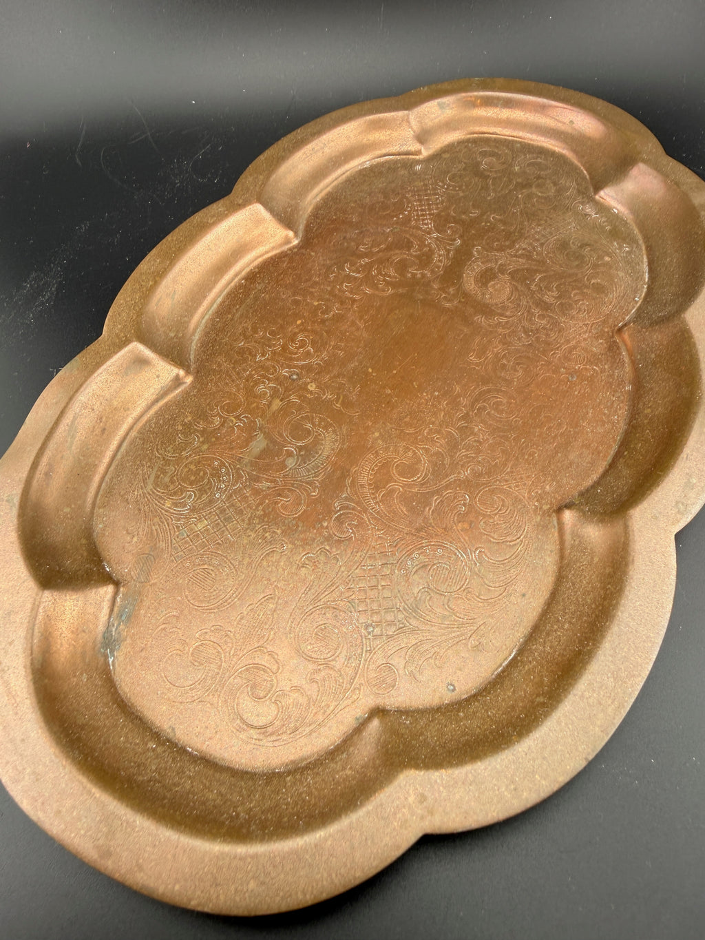 Antique Copper Engraved Scalloped Tray – Quatrefoil Edge with Arabesque Scrollwork