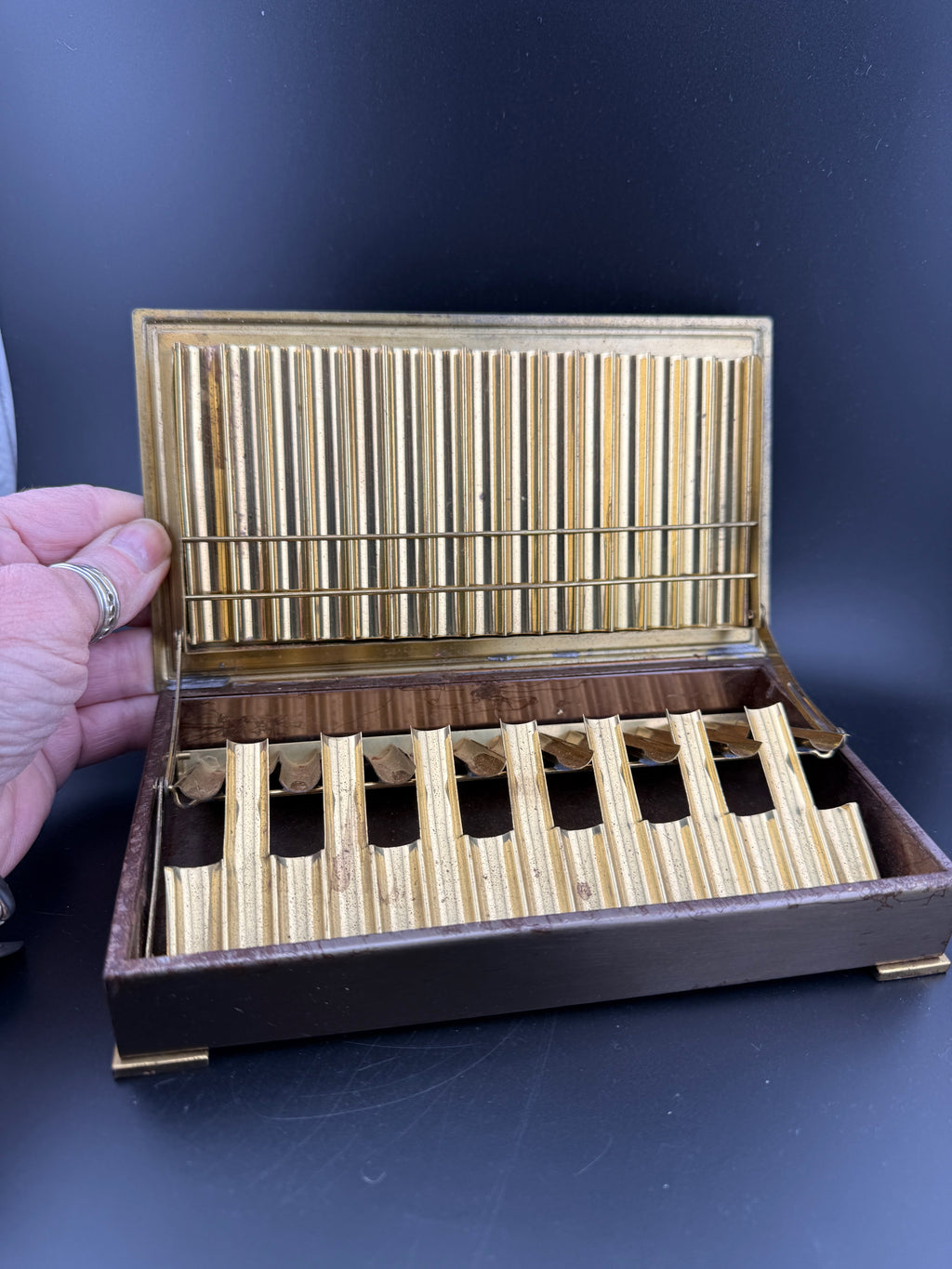 Red Morocco Leather Cigarette Case — Gold Tooled, Gilt Interior, Brass Corners