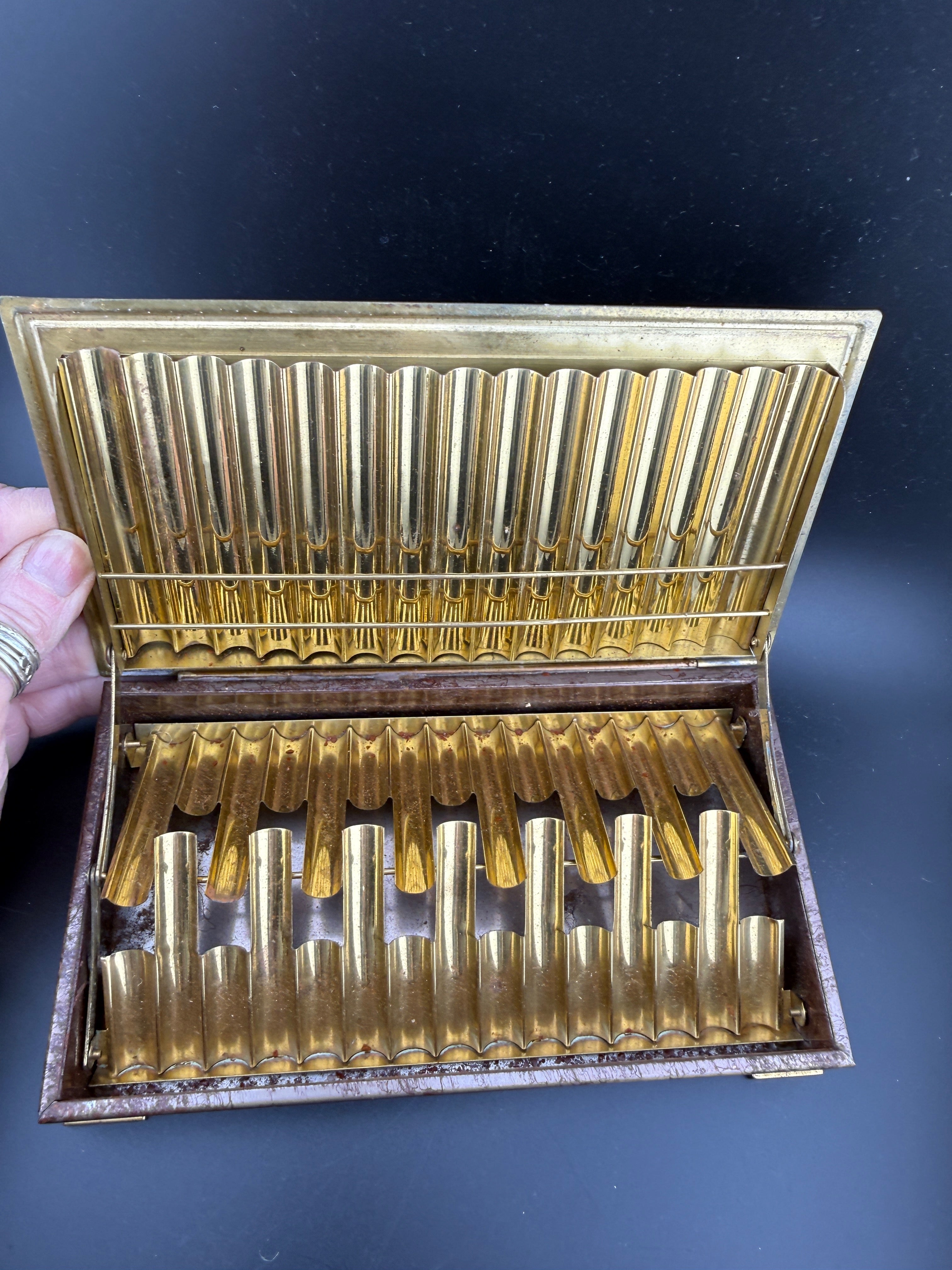 Red Morocco Leather Cigarette Case — Gold Tooled, Gilt Interior, Brass Corners