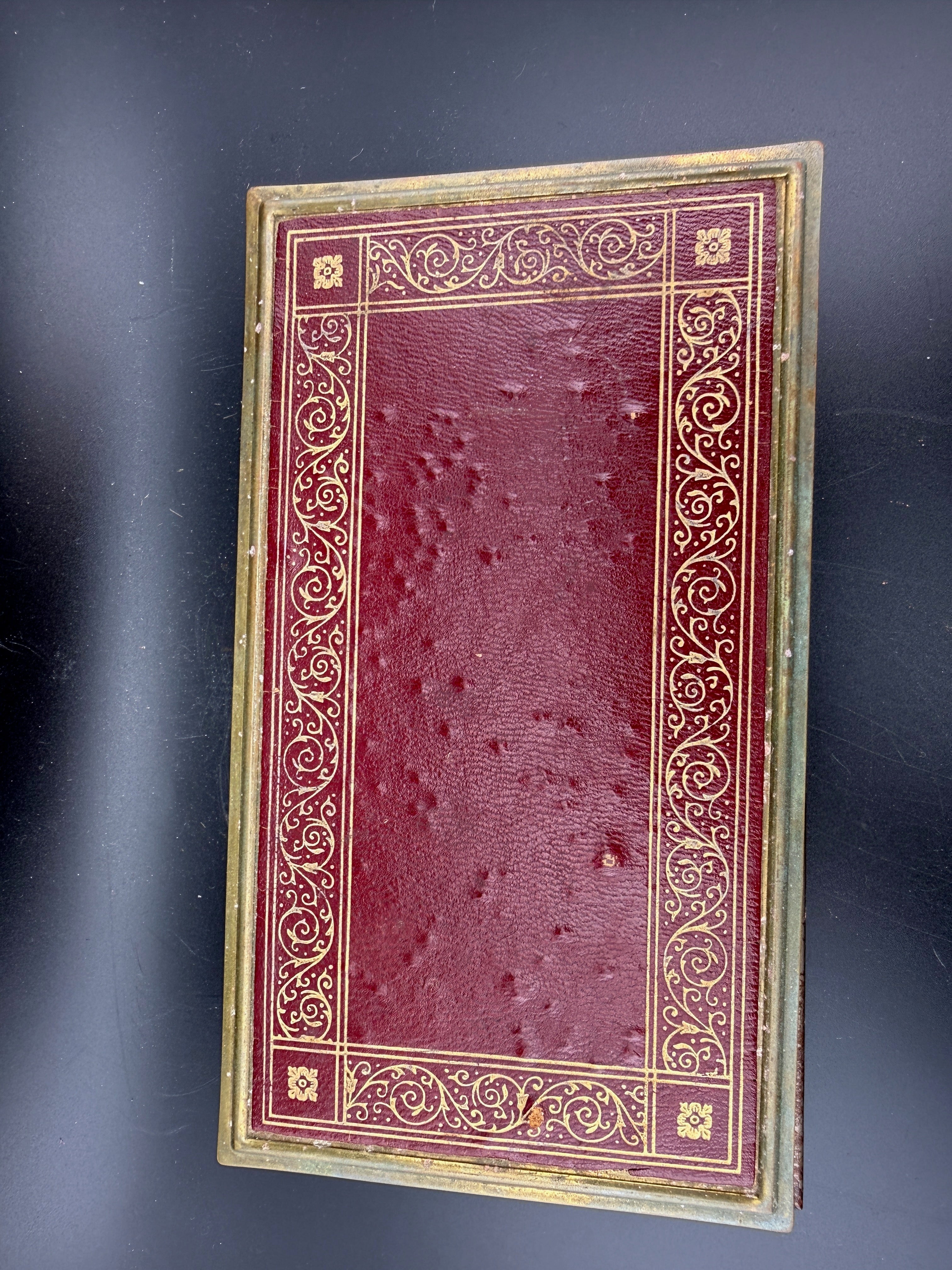 Red Morocco Leather Cigarette Case — Gold Tooled, Gilt Interior, Brass Corners
