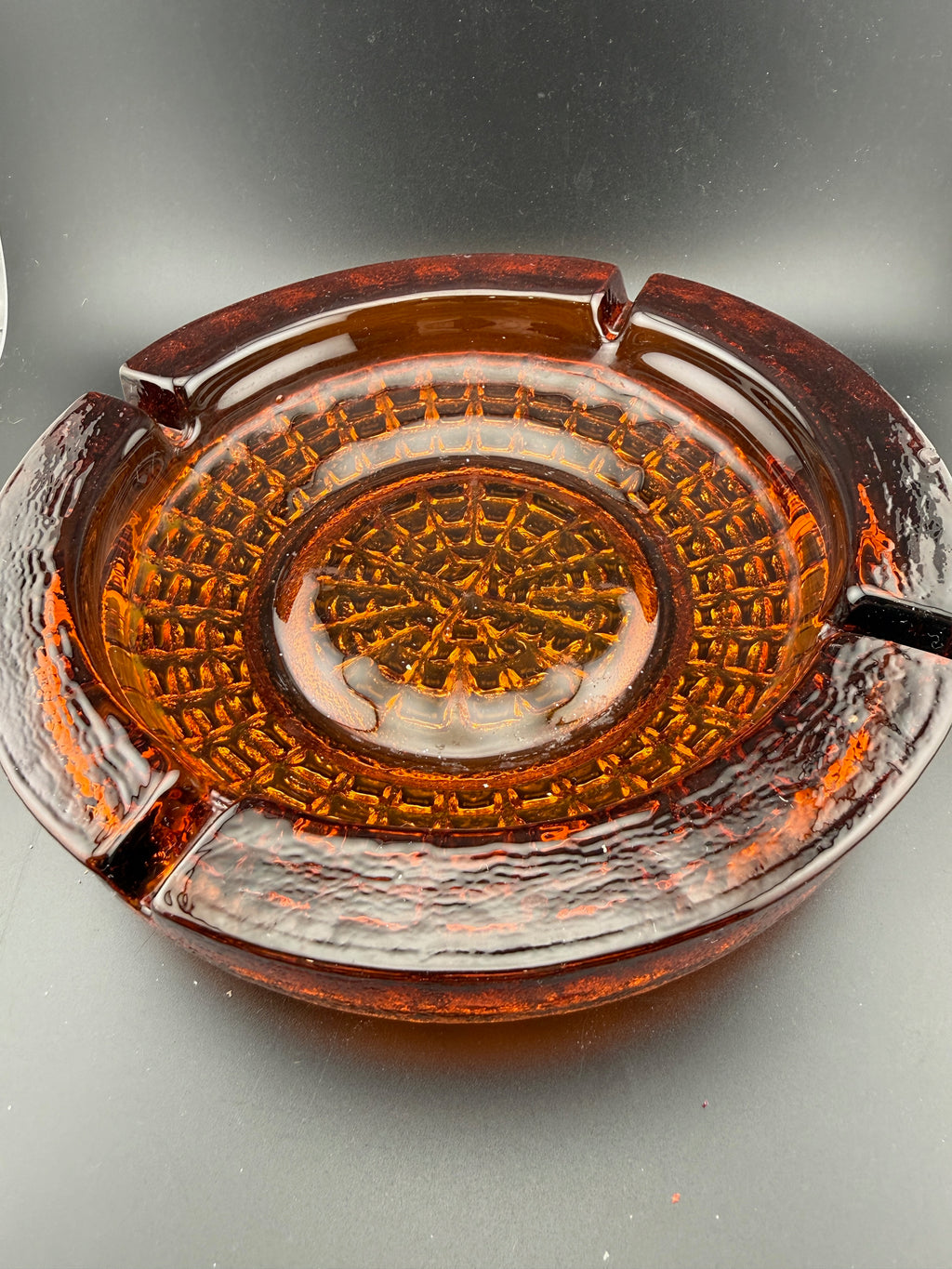 Blenko Amber Glass Ashtray — Textured Honeycomb Pattern, 8.5"