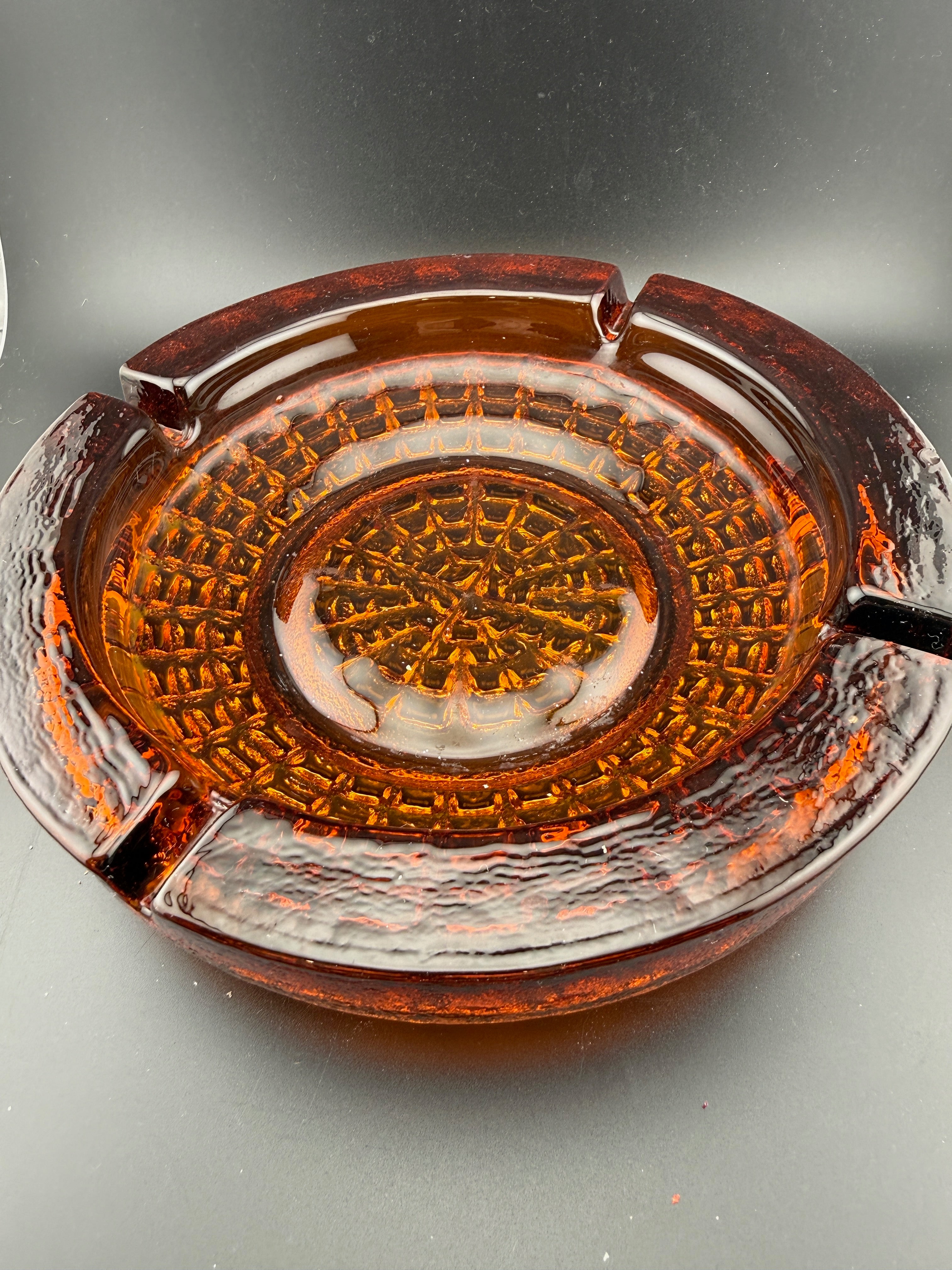 Blenko Amber Glass Ashtray — Textured Honeycomb Pattern, 8.5"