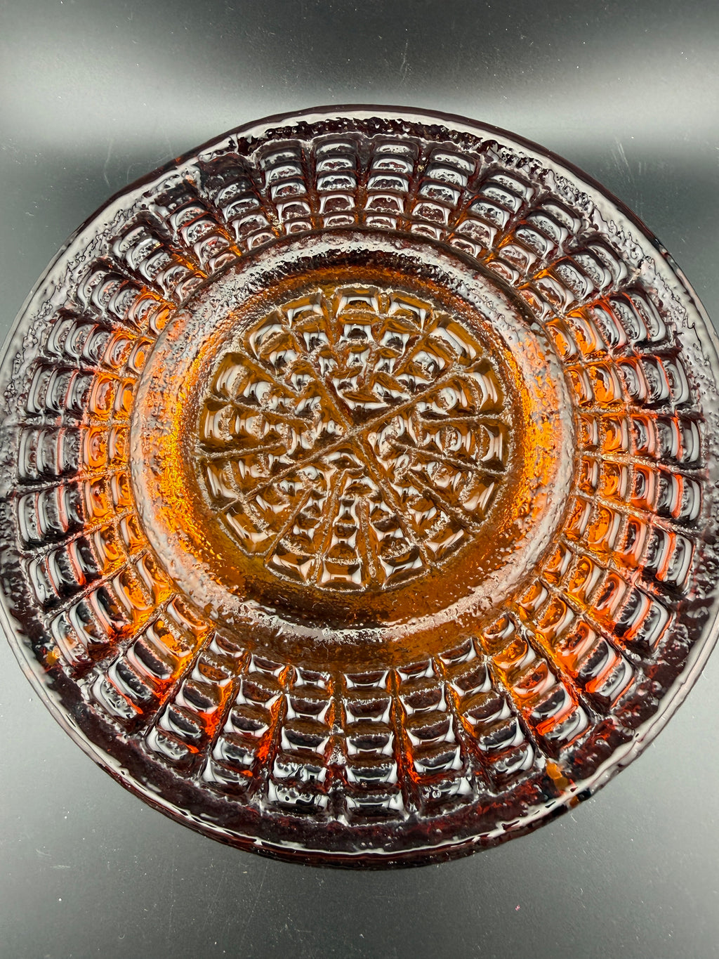 Blenko Amber Glass Ashtray — Textured Honeycomb Pattern, 8.5"