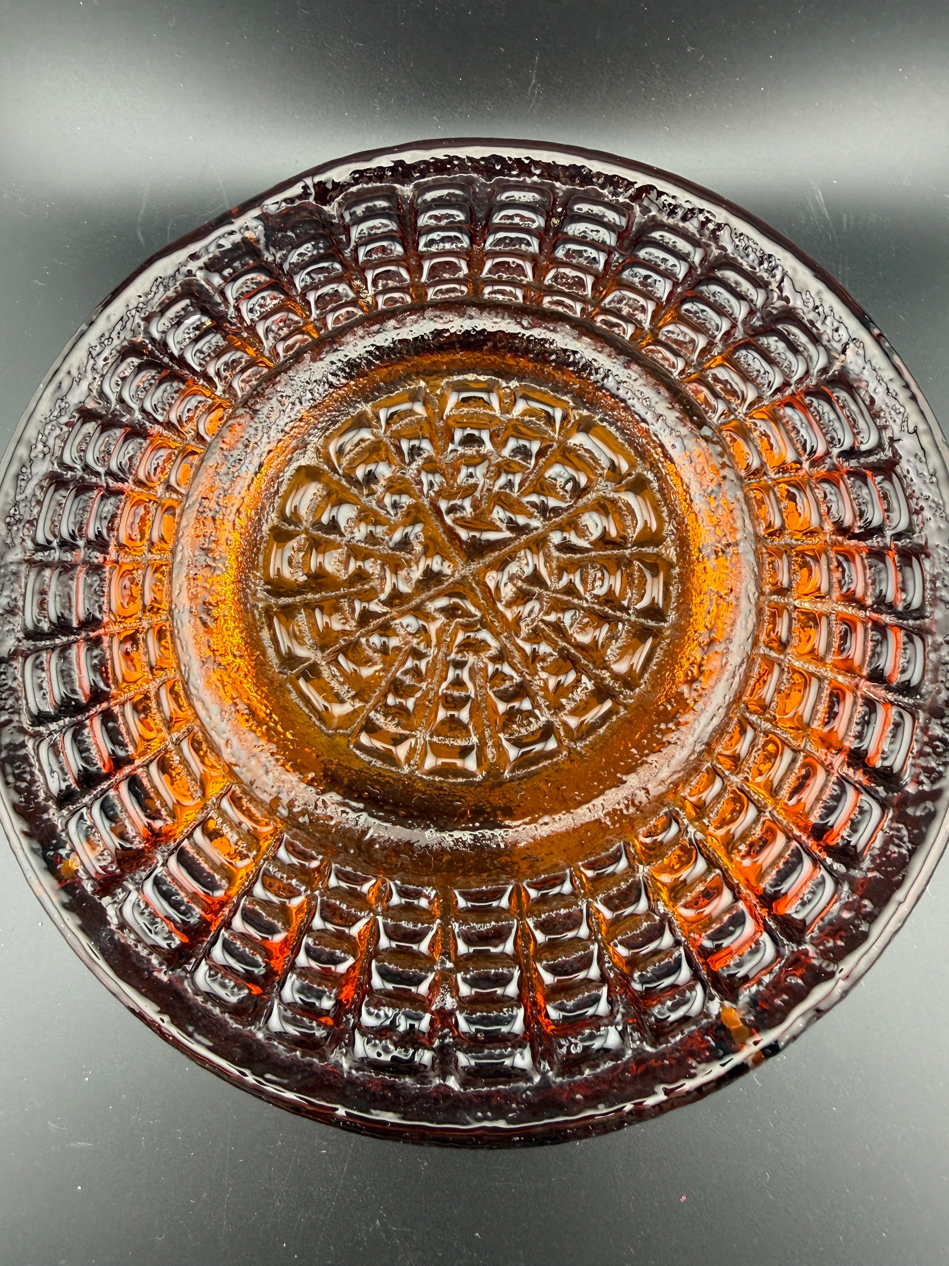 Blenko Amber Glass Ashtray — Textured Honeycomb Pattern, 8.5"