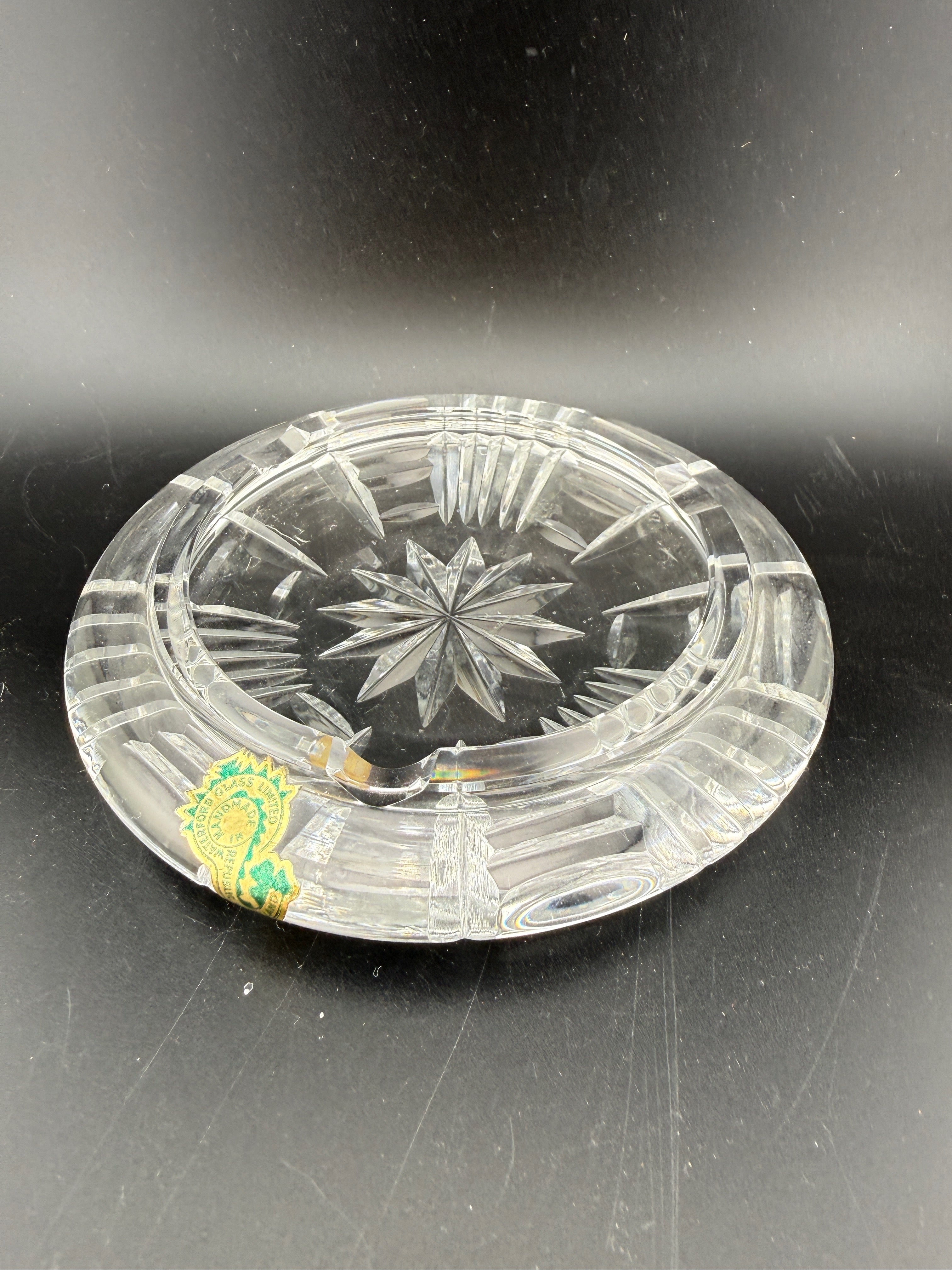 Waterford Crystal Ashtray — Starburst & Panel Cut, 5", Original Seahorse Label