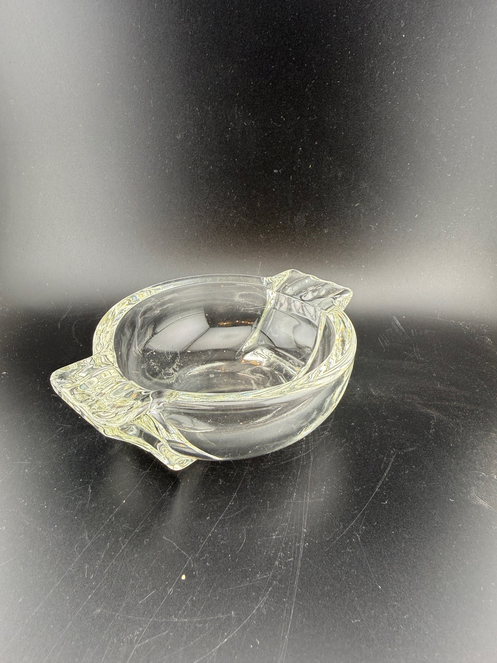 Vintage Clear Pressed Glass Ashtray — Dual Rectangular Rests, Ribbed Panel, 5"