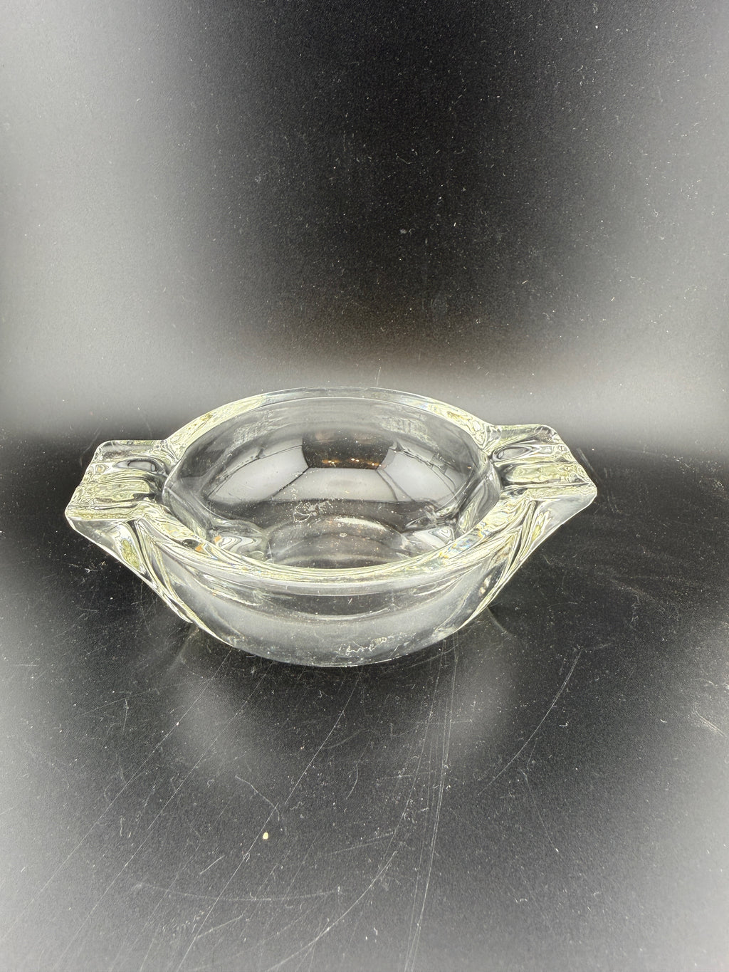 Vintage Clear Pressed Glass Ashtray — Dual Rectangular Rests, Ribbed Panel, 5"