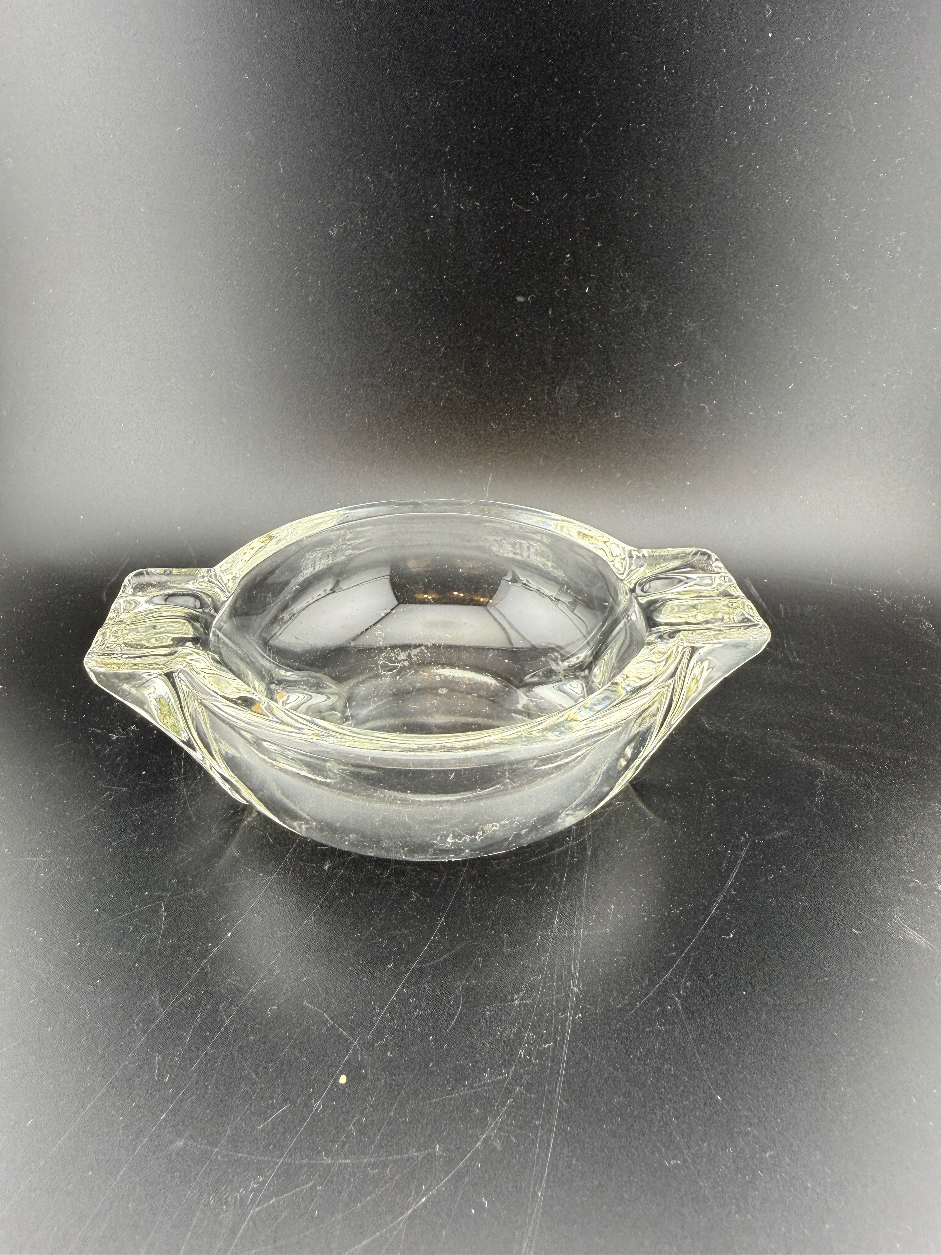 Vintage Clear Pressed Glass Ashtray — Dual Rectangular Rests, Ribbed Panel, 5"