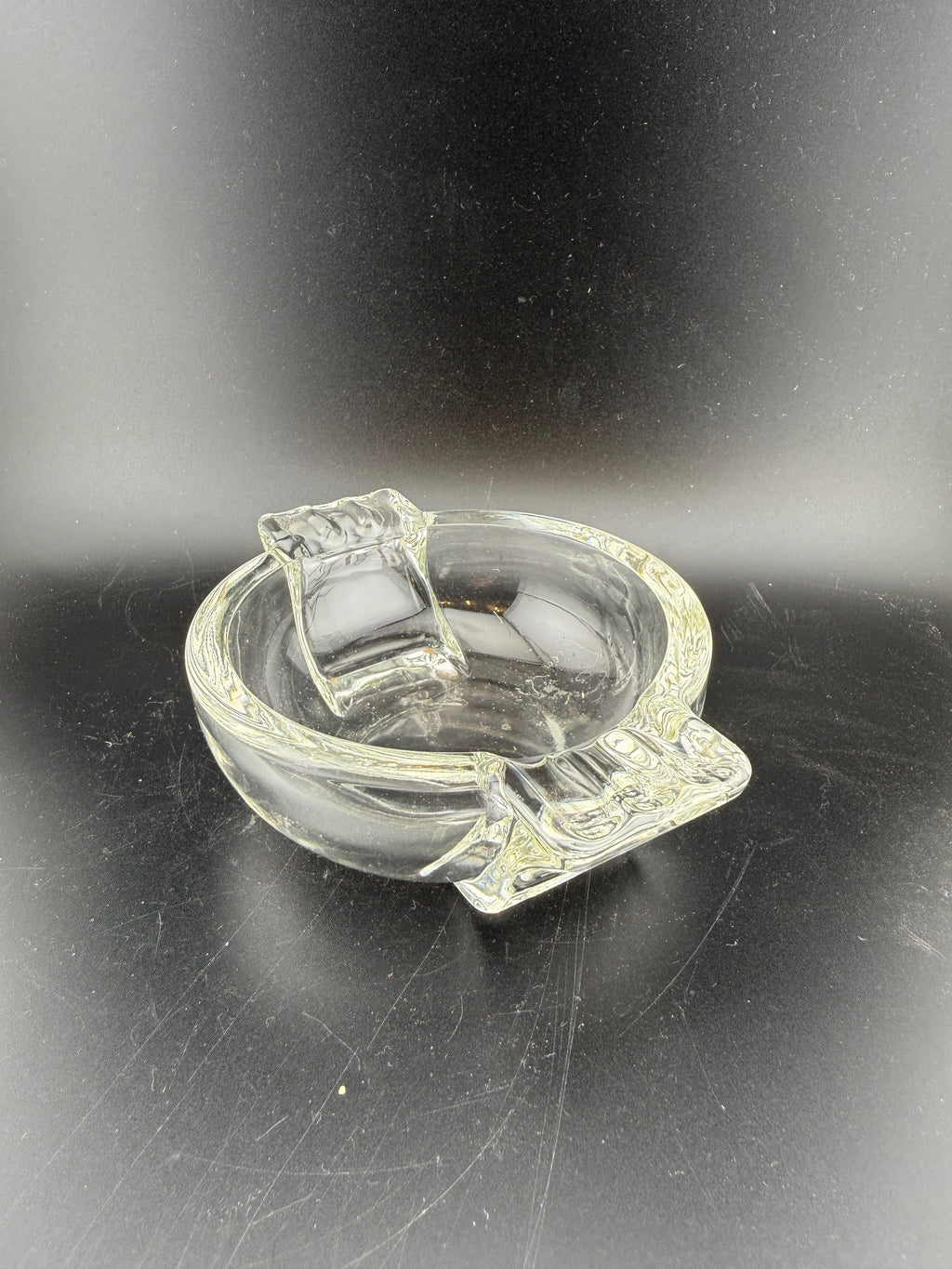 Vintage Clear Pressed Glass Ashtray — Dual Rectangular Rests, Ribbed Panel, 5"