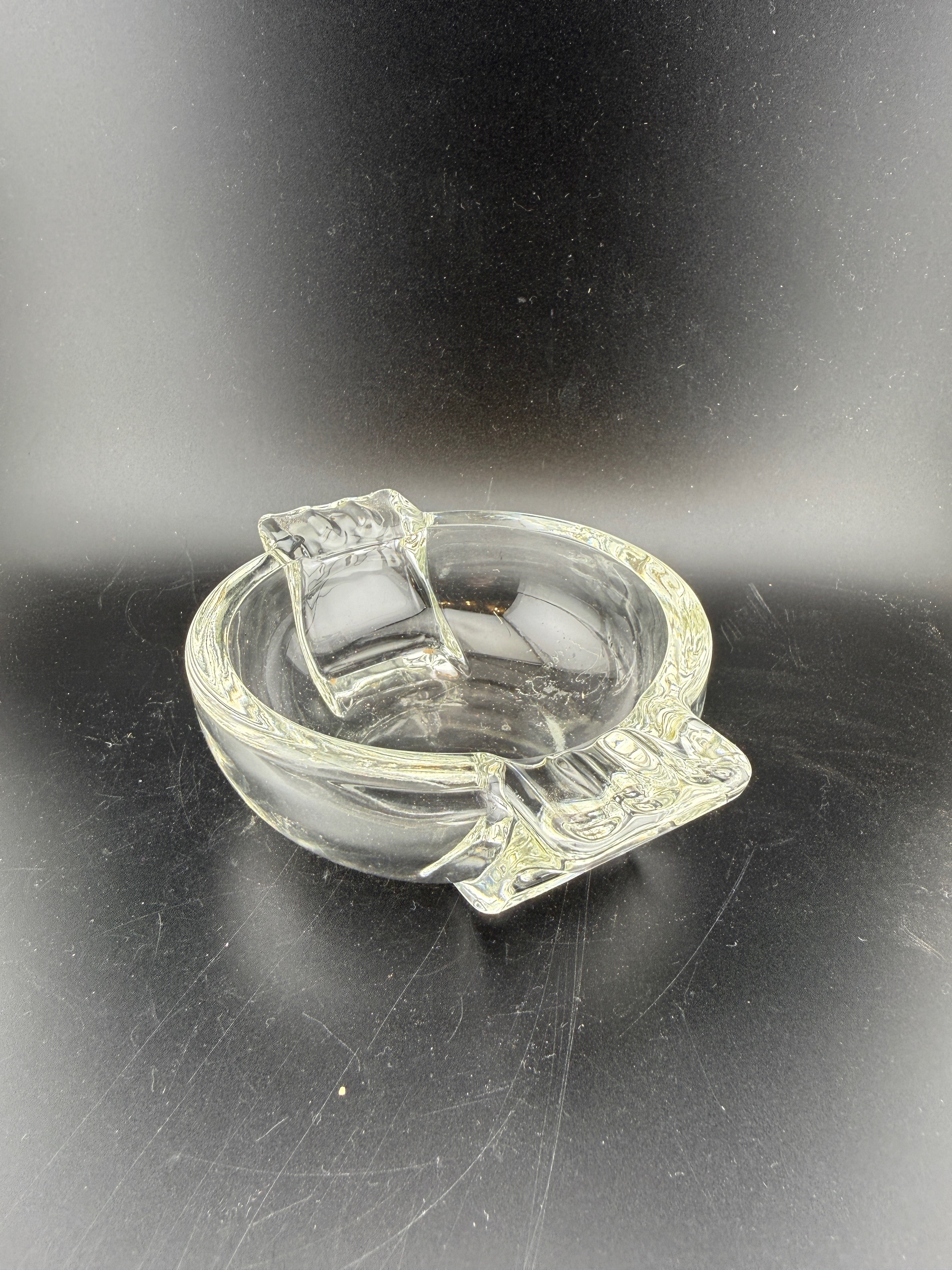 Vintage Clear Pressed Glass Ashtray — Dual Rectangular Rests, Ribbed Panel, 5"