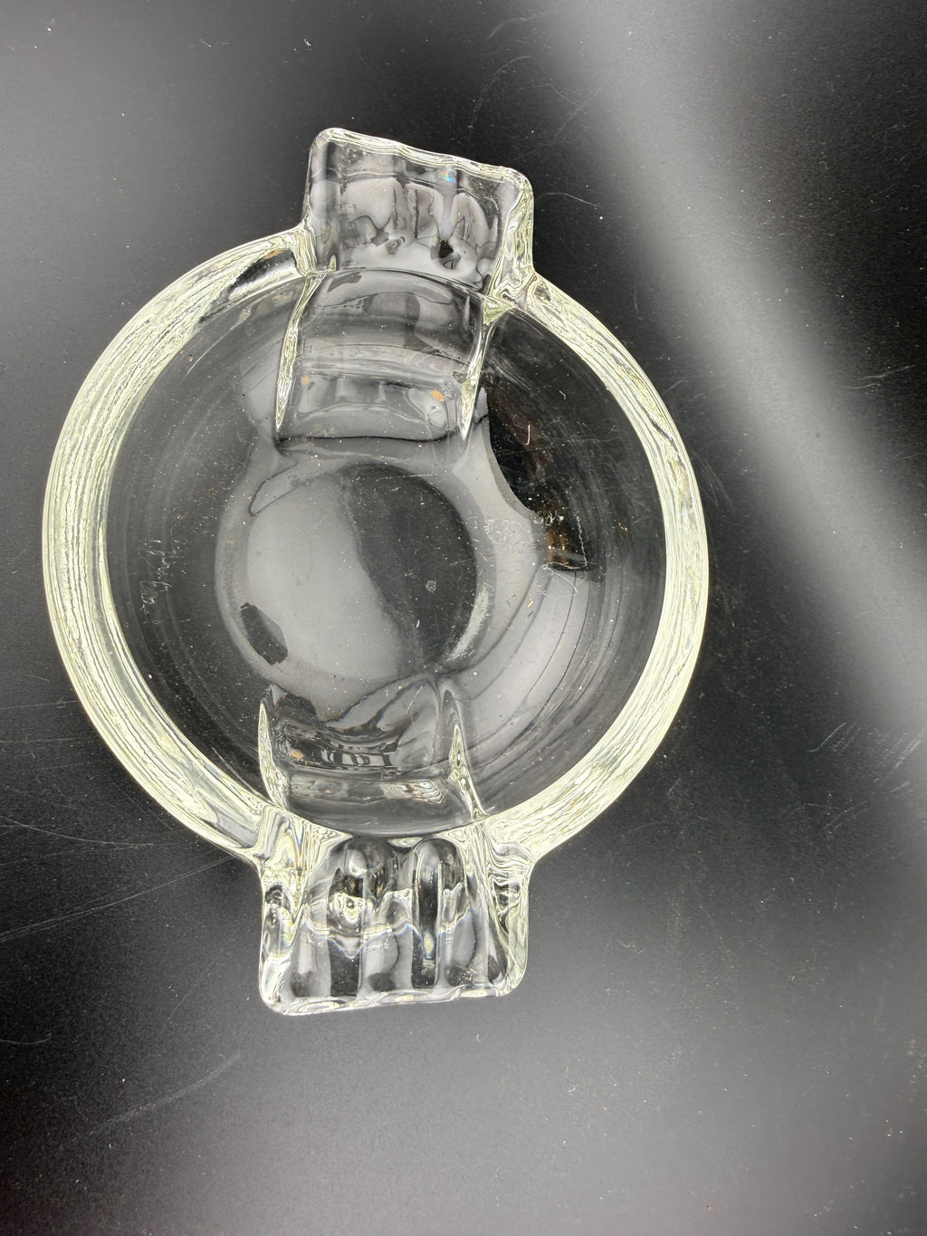 Vintage Clear Pressed Glass Ashtray — Dual Rectangular Rests, Ribbed Panel, 5"