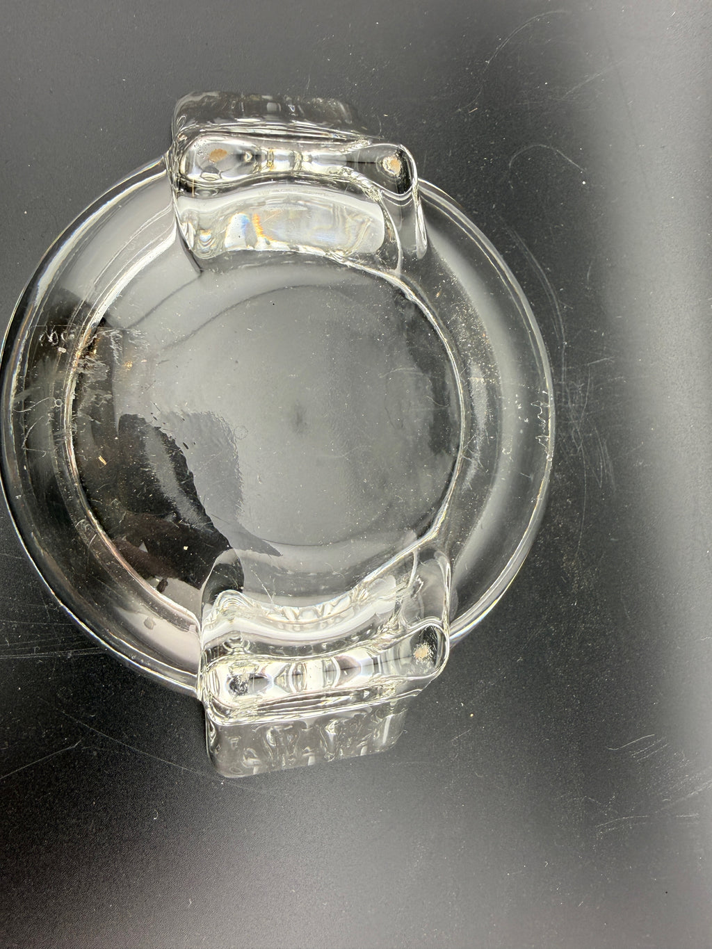 Vintage Clear Pressed Glass Ashtray — Dual Rectangular Rests, Ribbed Panel, 5"