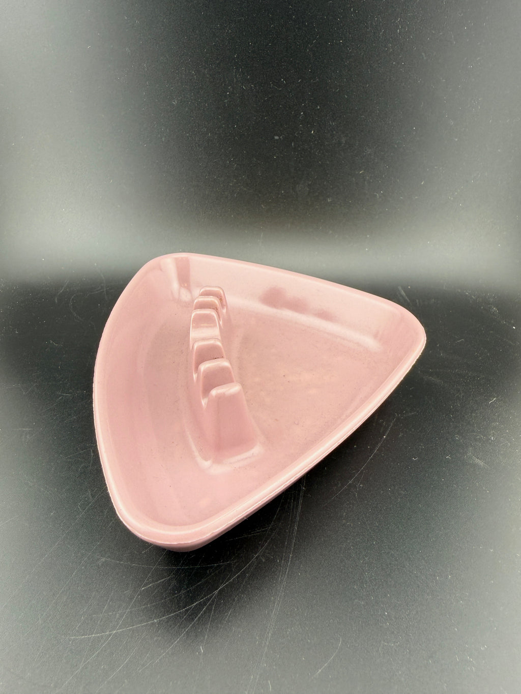 Des-Line Pink Ceramic Ashtray — Atomic Age Triangular, #361, Made in USA, 1950s