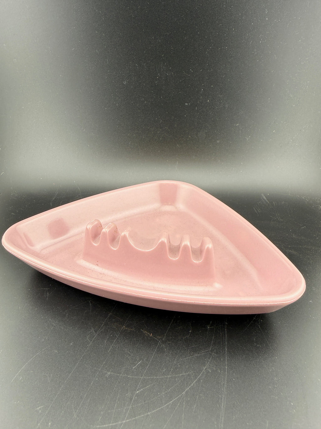 Des-Line Pink Ceramic Ashtray — Atomic Age Triangular, #361, Made in USA, 1950s