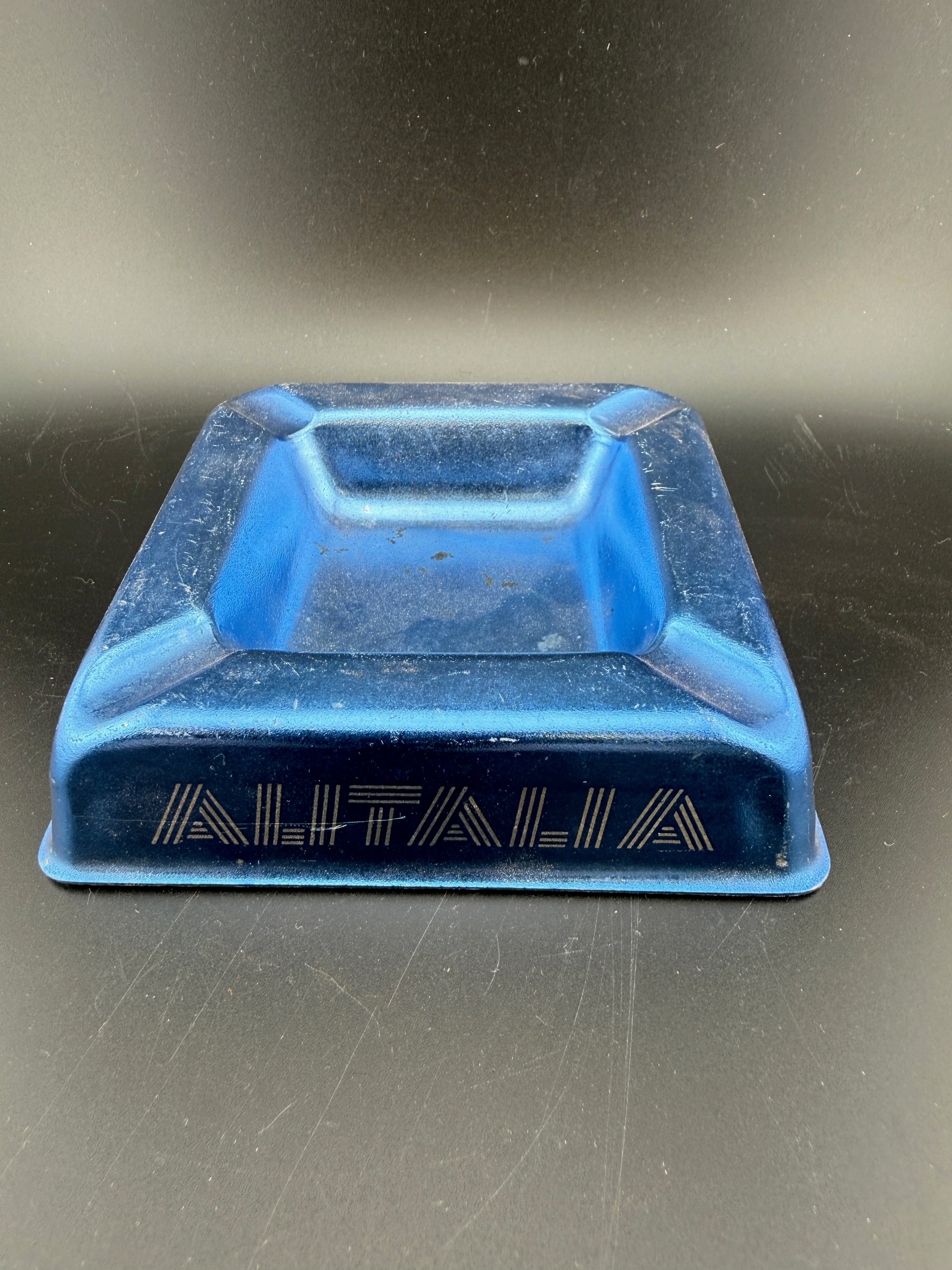 Alitalia Airlines Advertising Ashtray — Cobalt Blue Enamel Metal, 4.5", Vintage