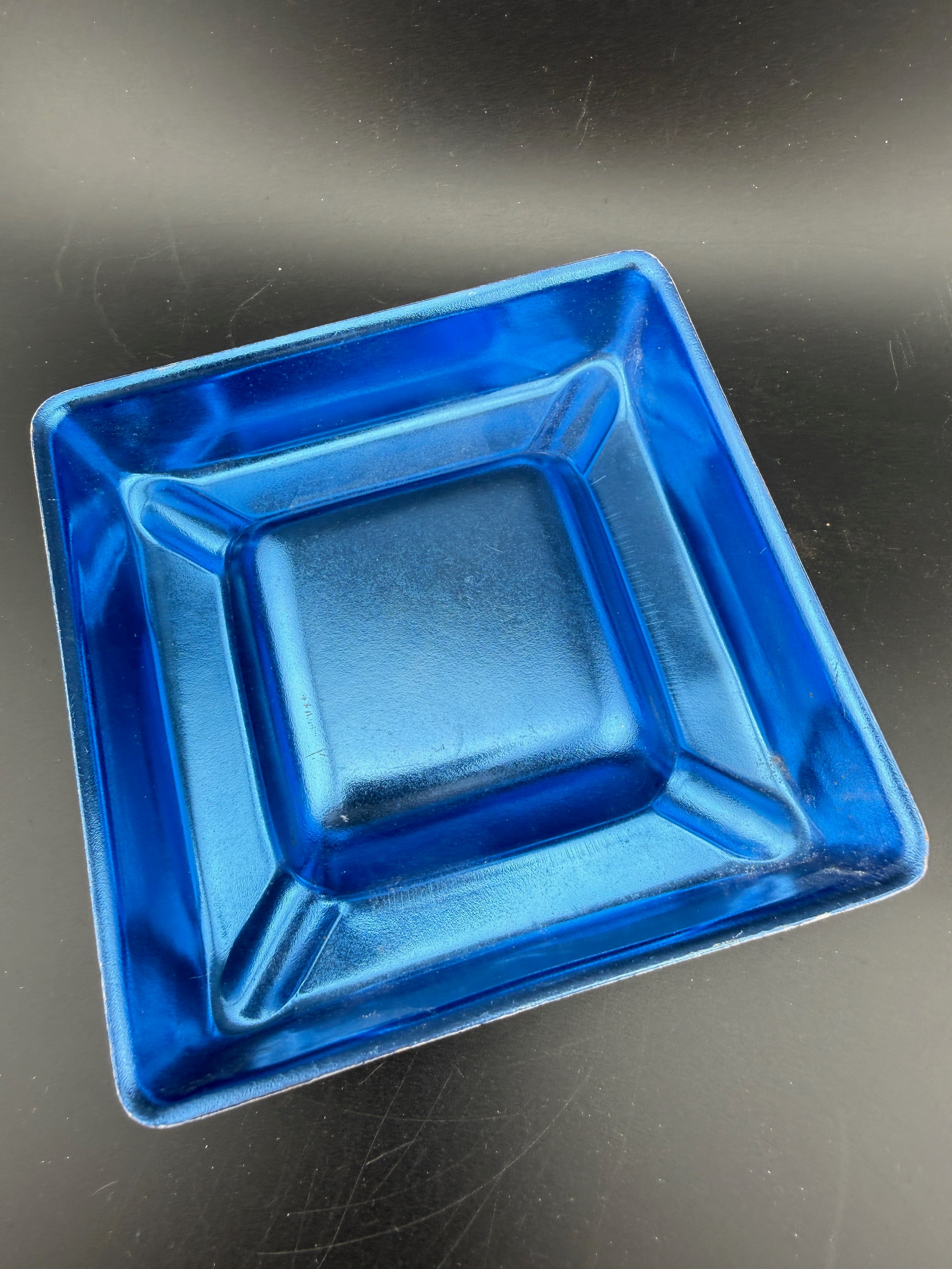 Alitalia Airlines Advertising Ashtray — Cobalt Blue Enamel Metal, 4.5", Vintage