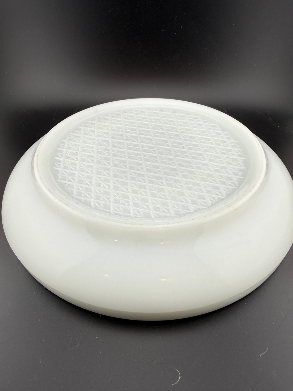 Fenton Milk Glass Ashtray — Crown Peg Ring, Crosshatch Base, 8", Mint