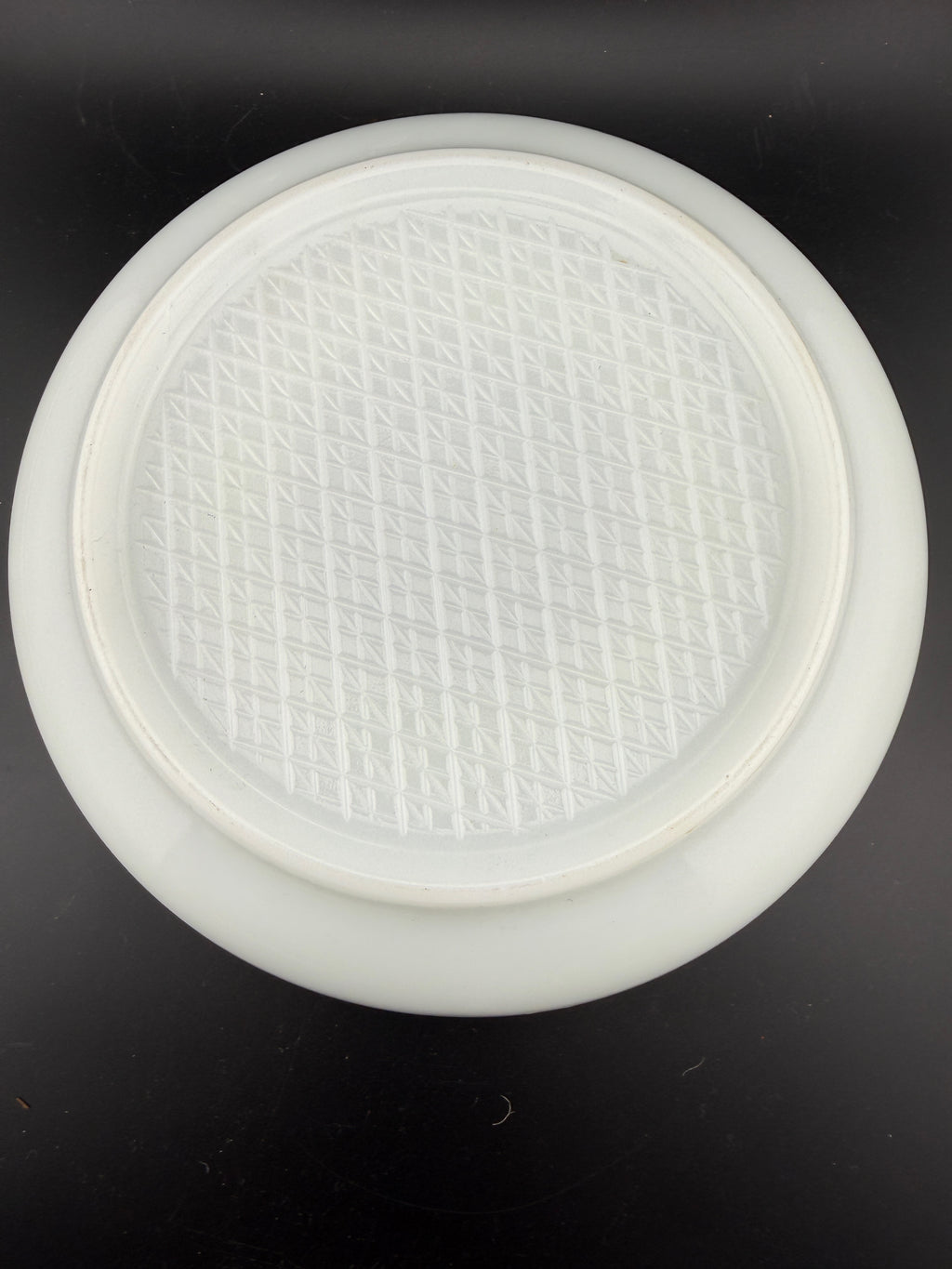 Fenton Milk Glass Ashtray — Crown Peg Ring, Crosshatch Base, 8", Mint