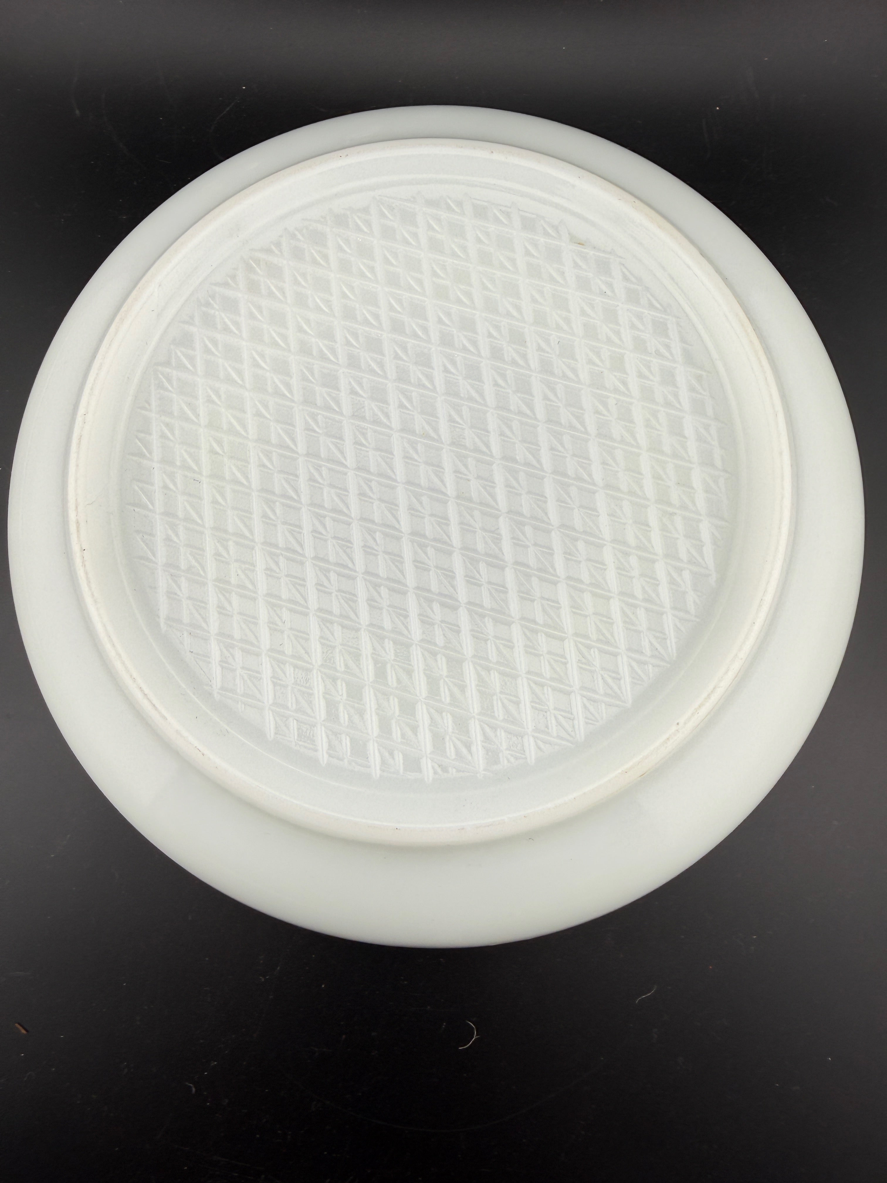 Fenton Milk Glass Ashtray — Crown Peg Ring, Crosshatch Base, 8", Mint